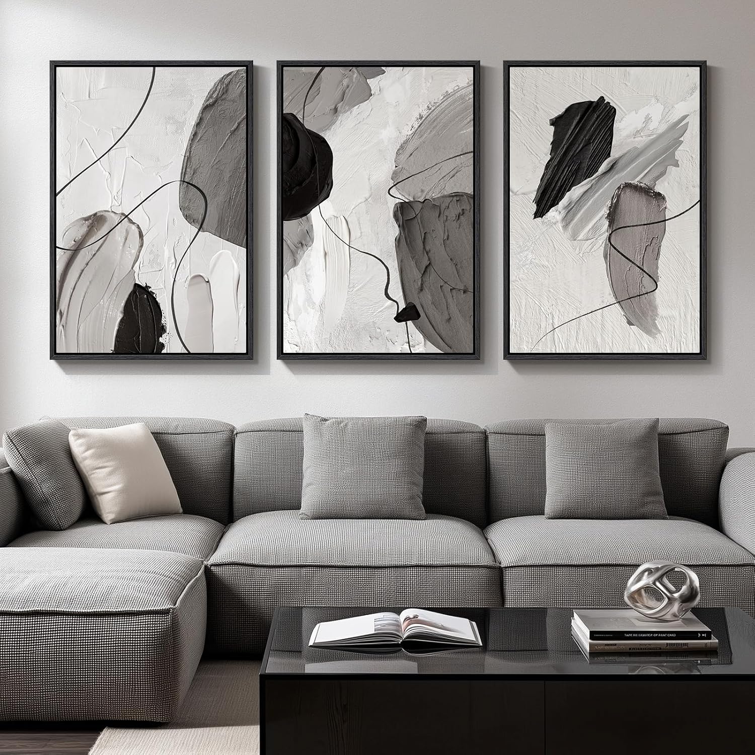 Large Framed Black and White Neutral Abstract Wall Art for Living Room, 3 Piece Boho Canvas Prints Paintings Artwork for Walls, Minimalist Geometric Pictures for Hallway Office Wall Decor 24x36 In