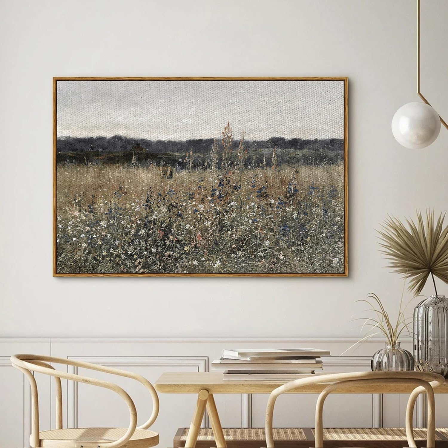 InSimSea Framed Canvas Wall Art Vintage Decor, Landscape Wall Art, Meadow with Flowers Art, Modern Farmhouse Decor, Cottagecore Bedroom Bathroom Office Decorations, 24"x36"