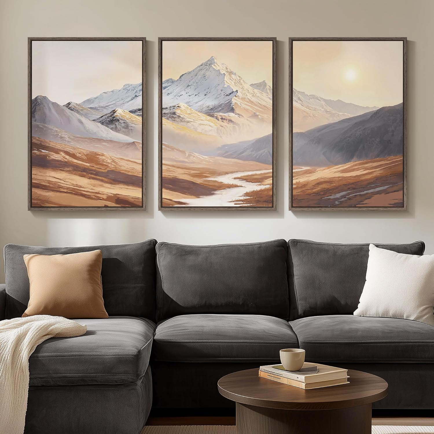 Framed Brown Mountain Wall Art for Living Room, Set of 3 Piece Vintage Canvas Picture Prints, Nature Sunrise Retro Landscape Artworks for Dining Room Hallway Home Office Wall Decor, 24x36 Inch