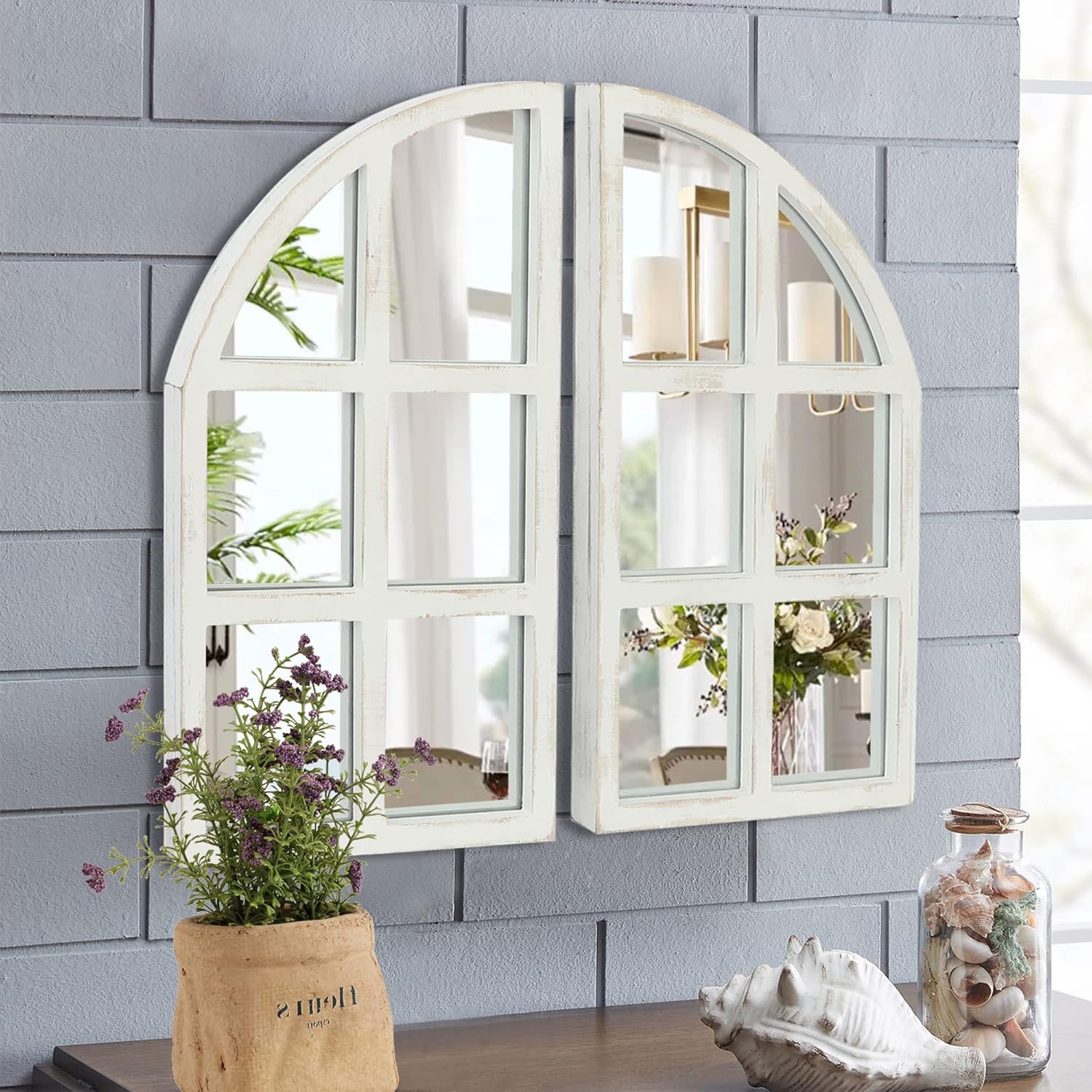 FLORA Farmhouse Mirror, Arch Window Wall Mirror for Kitchen Bedroom Living Room Wall Decor, Set of 2