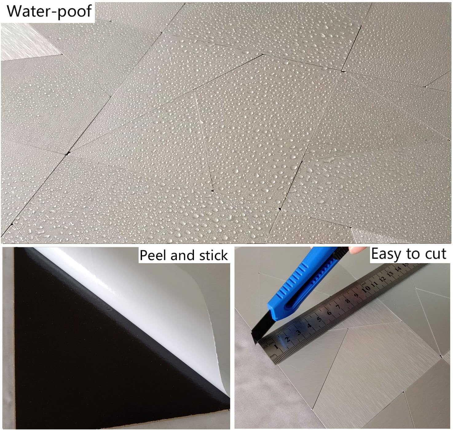 XUANINY Peel and Stick Metal Backsplash Tiles, Self Adhesive Aluminum Mosaic 3D Wall Sticker for Kitchen Bathroom Brushed Grey Decor (11.81"x11.81") (10 Triangle Brushed Silver)