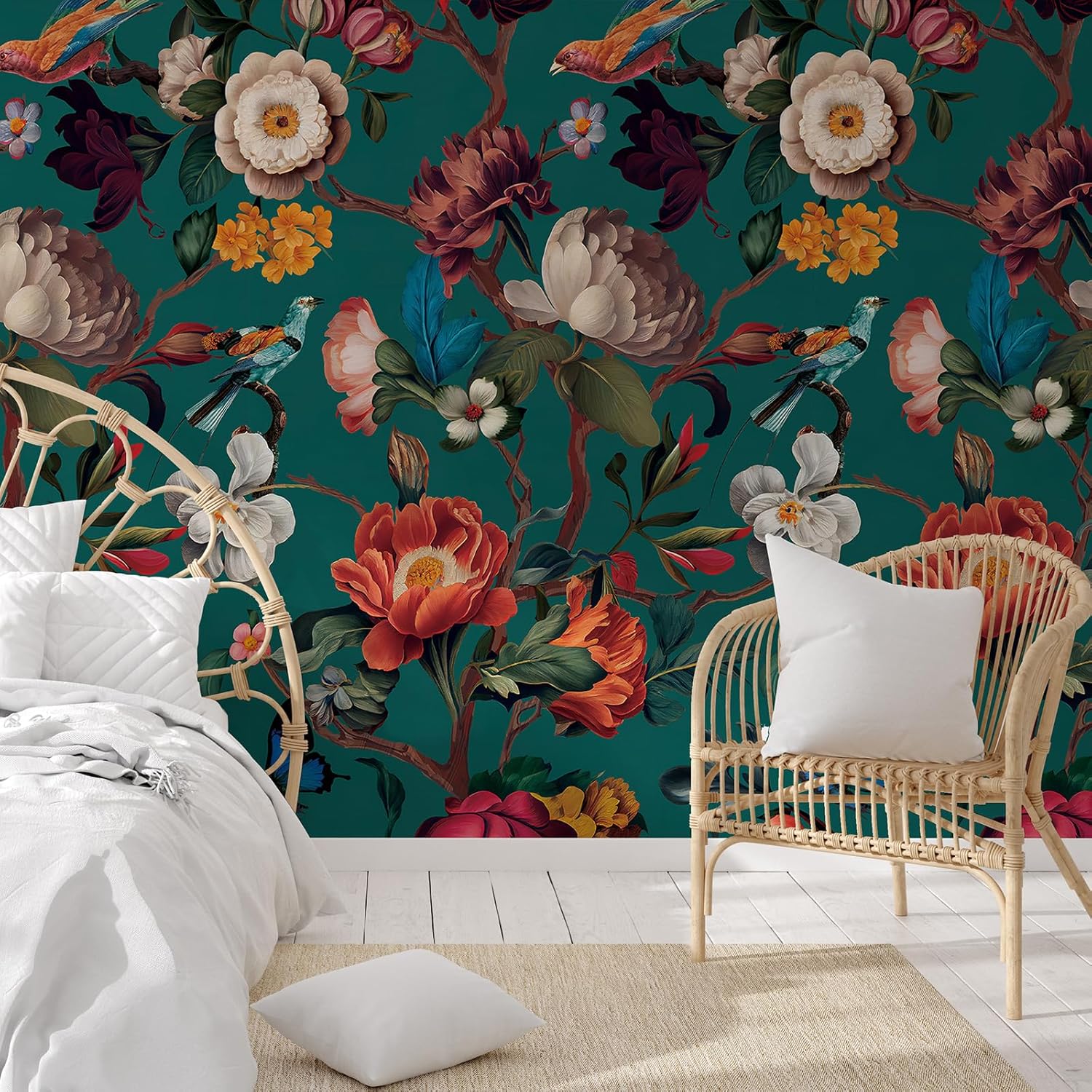 Zeeko Floral Wall Mural Peel and Stick Wallpaper 148" W x 98" H Removable Large Mural Vintage Wall Paper Self-Adhesive Wall Mural for Bedroom Livingroom Home Art Decor Dark Blue Mural Wallpaper