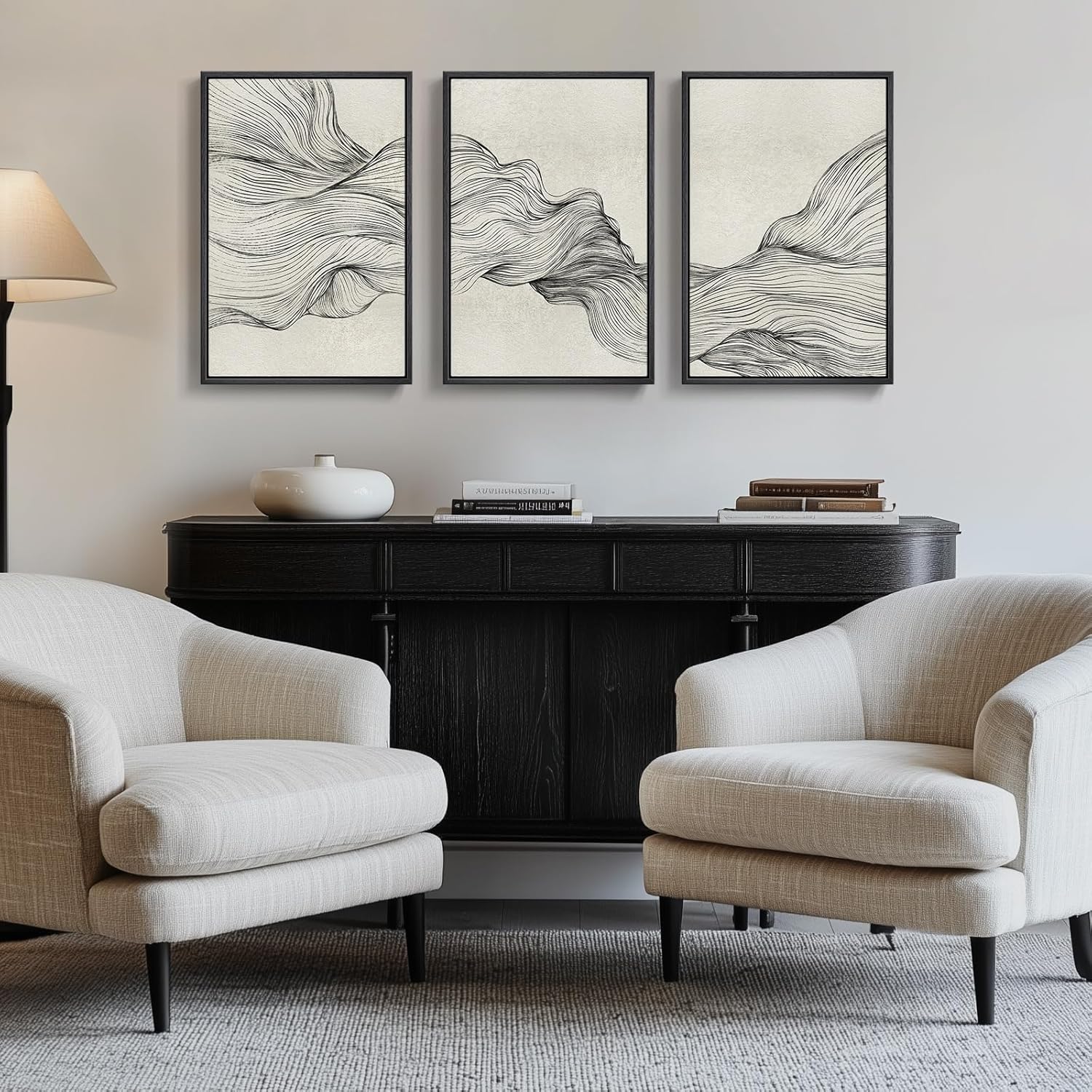Large Framed Black and White Neutral Abstract Wall Art for Living Room, 3 Piece Boho Canvas Prints Paintings Artwork for Walls, Minimalist Geometric Pictures for Hallway Office Wall Decor 24x36 In