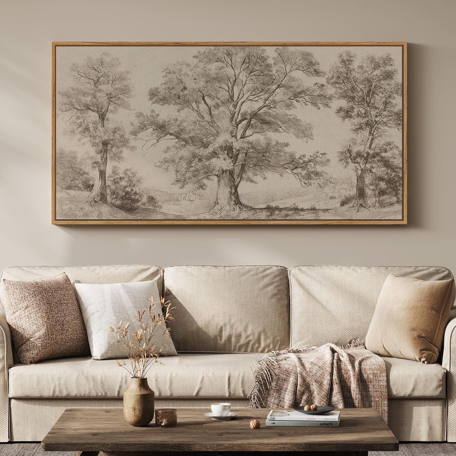 Framed Vintage Landscape Canvas Wall Art for Living Room, Extra Large Horizontal Rustic Tree Botanical Picture Prints Paintings, Neutral Wabi Sabi Artwork Decor for Bedroom Entryway 57x28.5 Inch