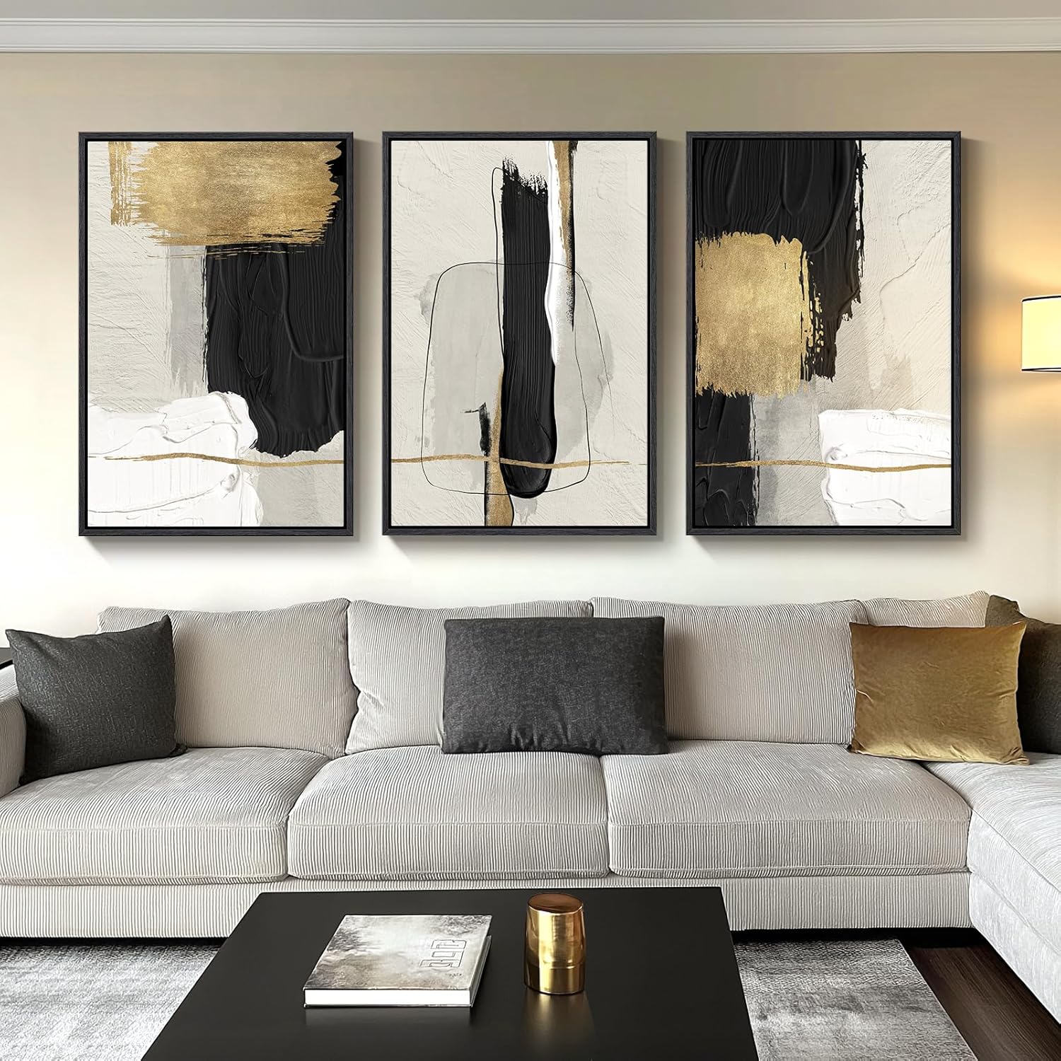 Large Framed Black and White Neutral Abstract Wall Art for Living Room, 3 Piece Boho Canvas Prints Paintings Artwork for Walls, Minimalist Geometric Pictures for Hallway Office Wall Decor 24x36 In