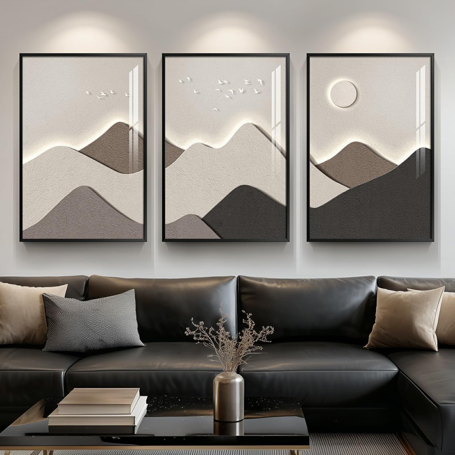 Framed Brown Mountain Wall Art for Living Room, Set of 3 Piece Vintage Canvas Picture Prints, Nature Sunrise Retro Landscape Artworks for Dining Room Hallway Home Office Wall Decor, 24x36 Inch