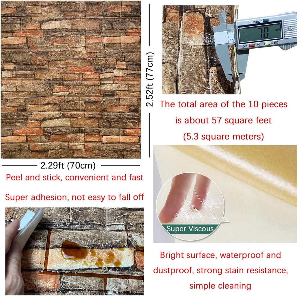Yutianli 7mm Thick Anti-Collision self Adhesive 3D Wall Panels Peel and Stick,10-Pack 57 Sq.Ft Antique Faux Brick Wall Panels Foam Faux Stone Wallpapers for Bedroom (10, Style A)