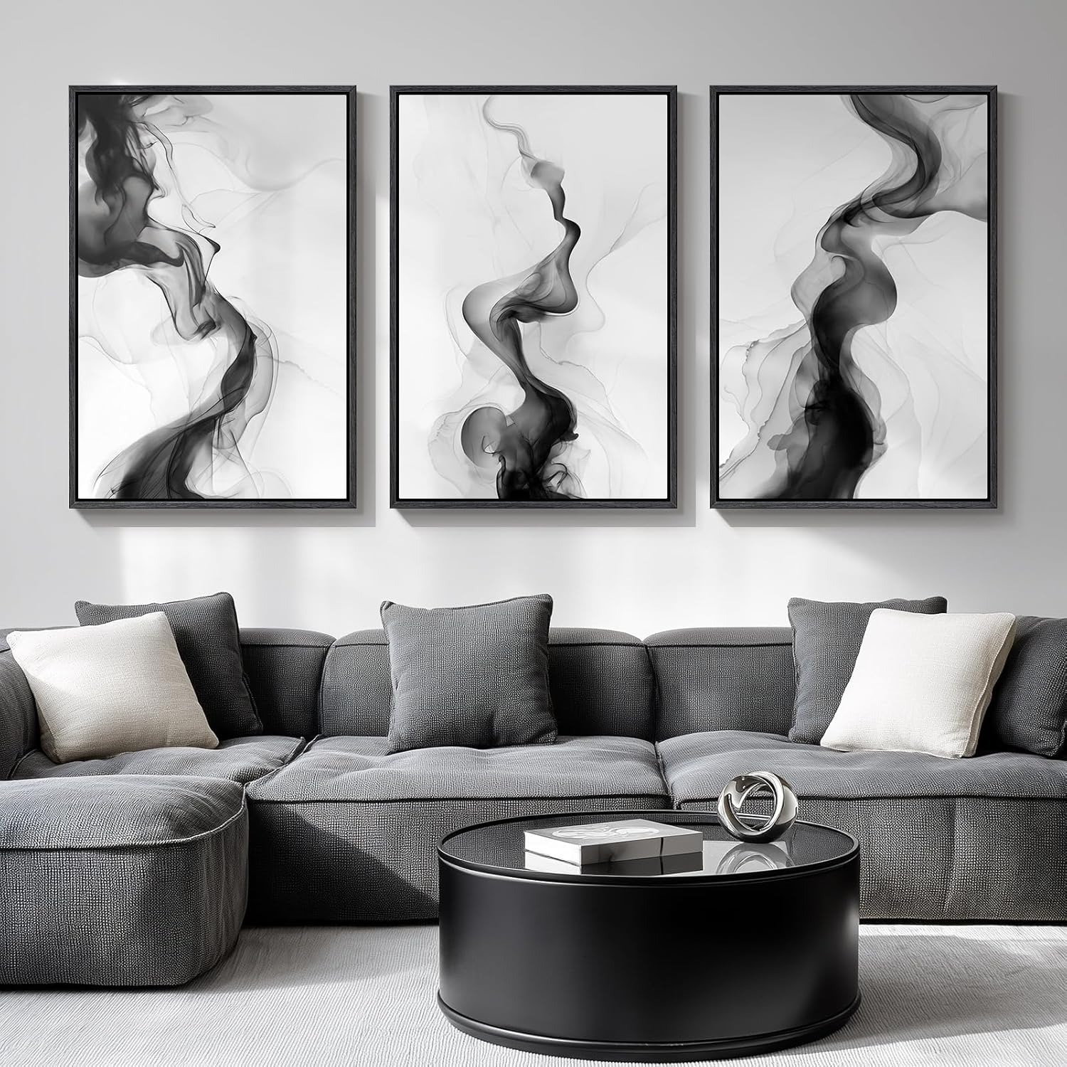 Large Framed Black and White Neutral Abstract Wall Art for Living Room, 3 Piece Boho Canvas Prints Paintings Artwork for Walls, Minimalist Geometric Pictures for Hallway Office Wall Decor 24x36 In