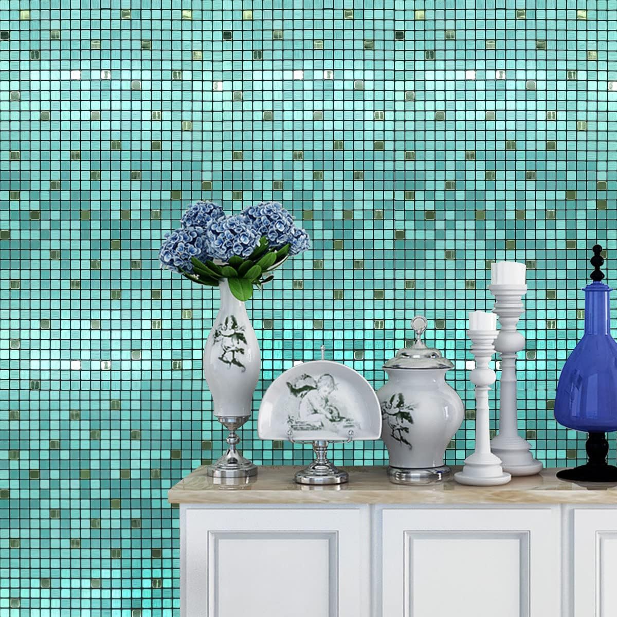 XUANINY 10-Piece Peel and Stick Backsplash for Kitchen Aluminum 3D Wall Sticker Panel Self-Adhesive Metal Mosaic Tile (11.41"x11.41" Green Brushed)