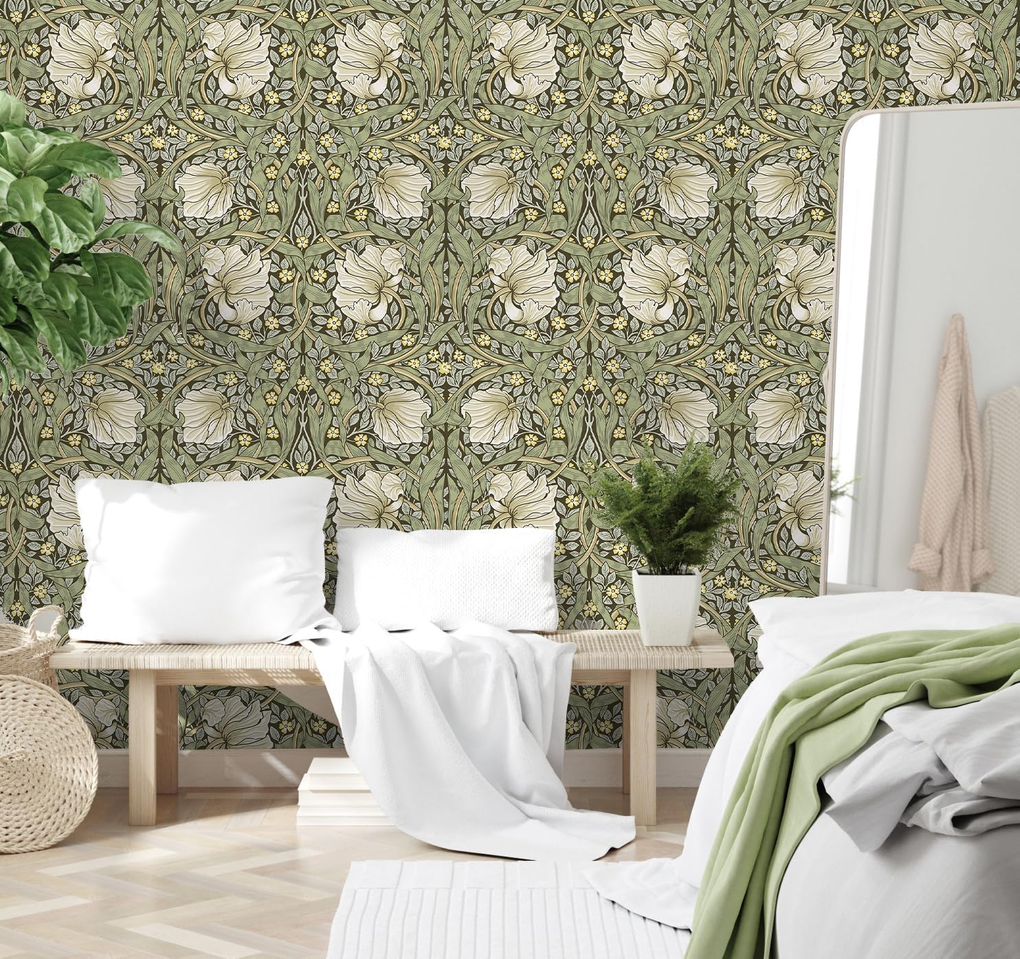 HAOKHOME Vintage Floral Wallpaper Peel and Stick Botanical Sage Green/Yellow Wall Murals Home Kitchen Bedroom Decor by William Morris 17.3in x 32.8ft