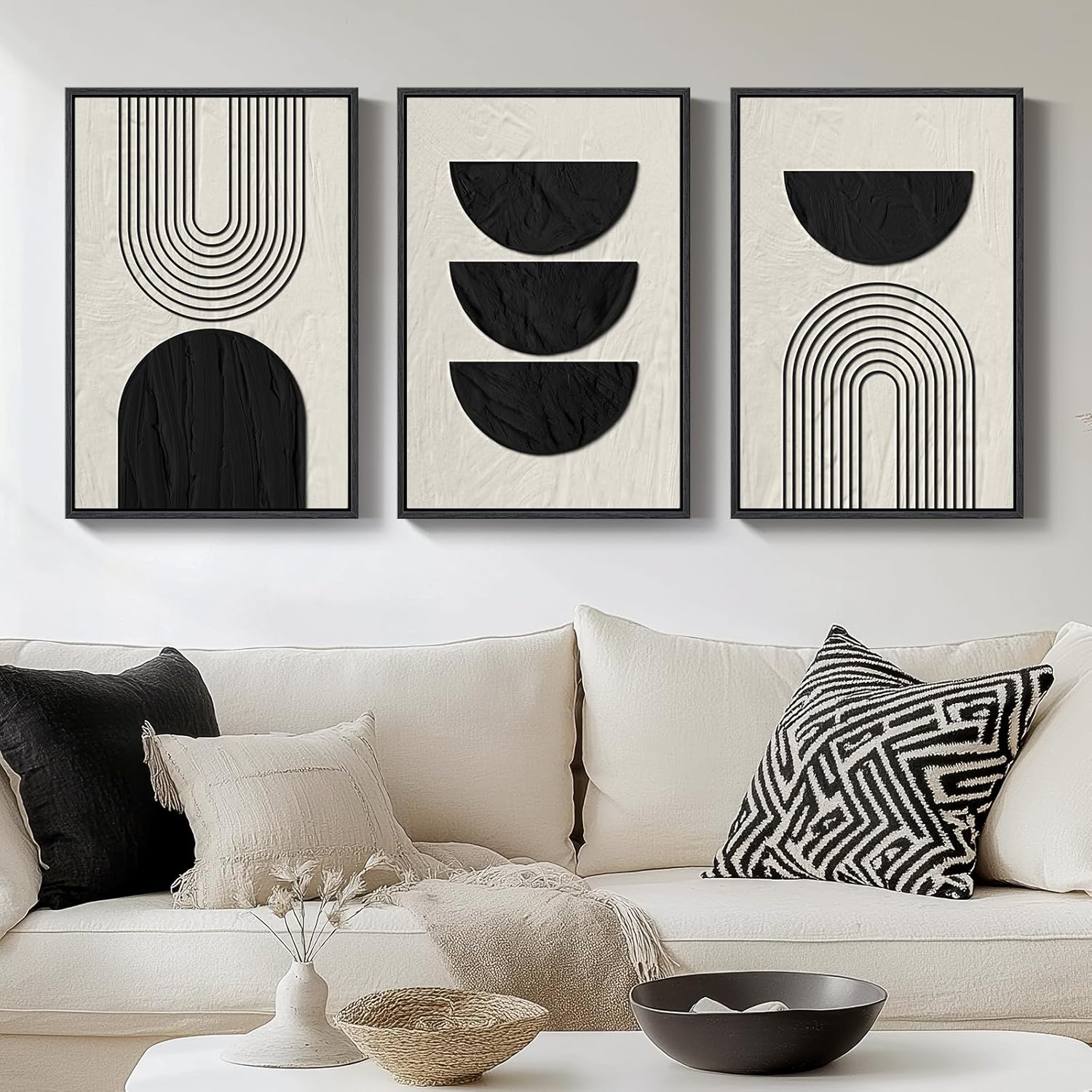 Large Framed Black and White Neutral Abstract Wall Art for Living Room, 3 Piece Boho Canvas Prints Paintings Artwork for Walls, Minimalist Geometric Pictures for Hallway Office Wall Decor 24x36 In