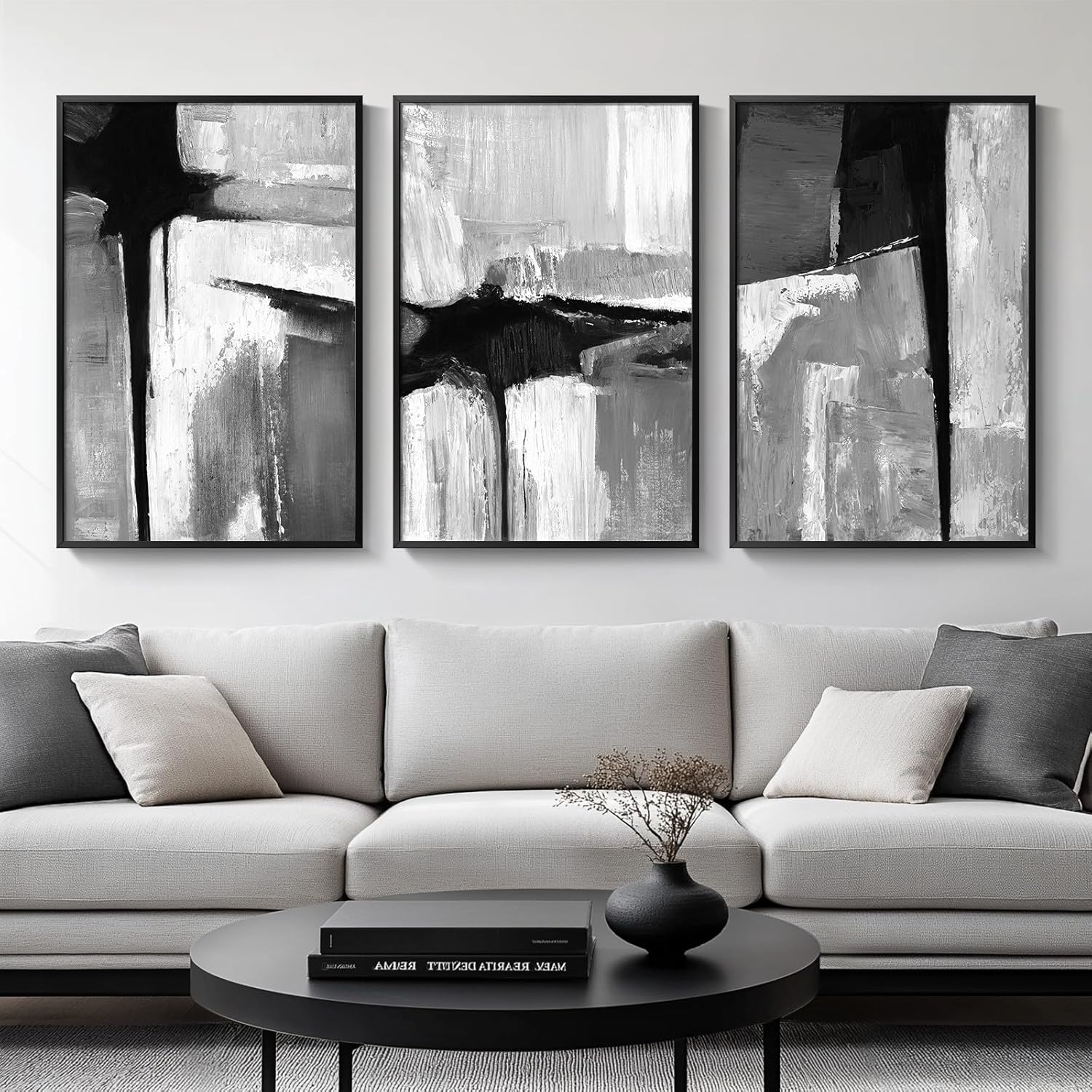 Large Framed Black and White Neutral Abstract Wall Art for Living Room, 3 Piece Boho Canvas Prints Paintings Artwork for Walls, Minimalist Geometric Pictures for Hallway Office Wall Decor 24x36 In
