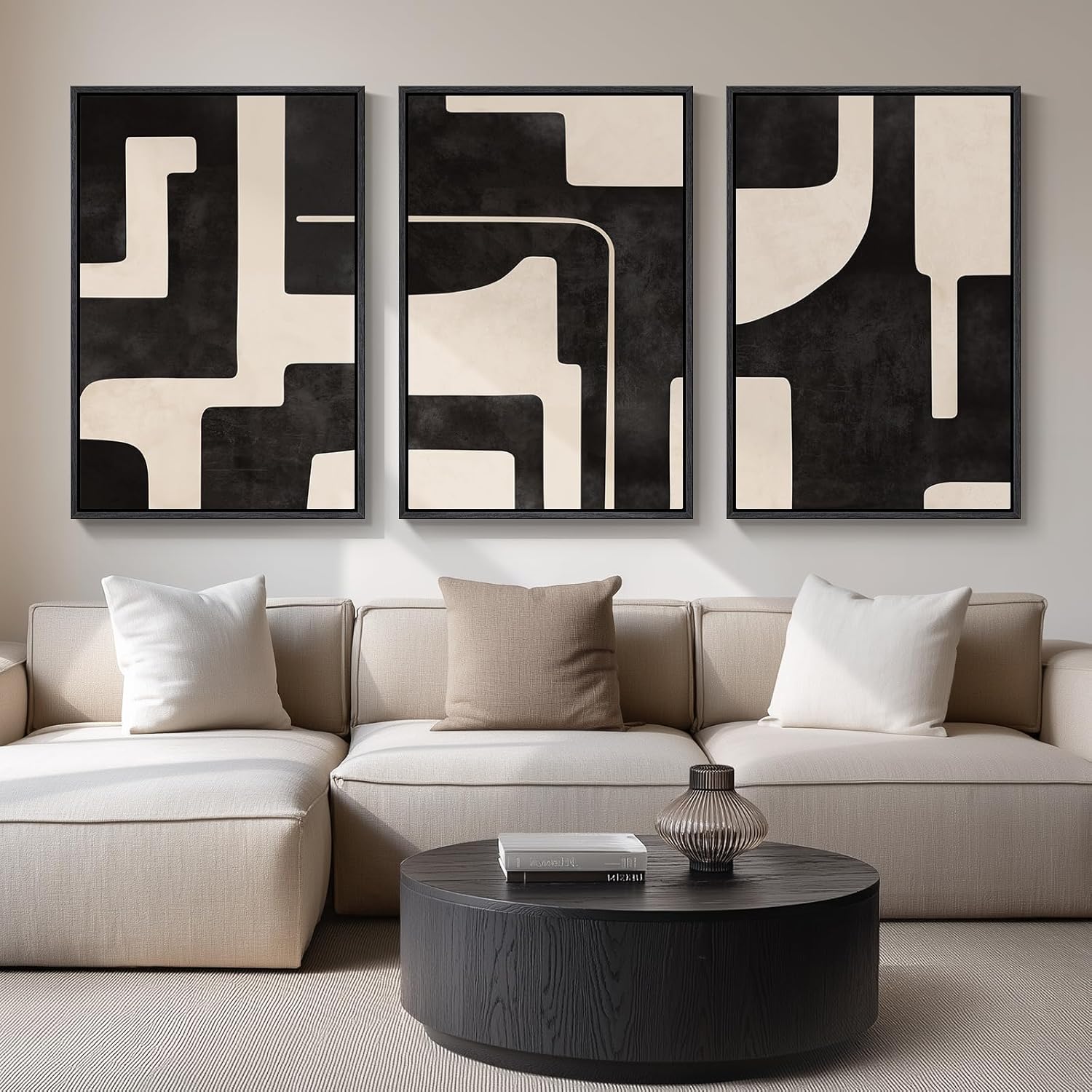 Large Framed Black and White Neutral Abstract Wall Art for Living Room, 3 Piece Boho Canvas Prints Paintings Artwork for Walls, Minimalist Geometric Pictures for Hallway Office Wall Decor 24x36 In