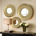 LuxenHome 3 Piece Gold Metal Round Wall Mirror Set Boho Wall Hanging Mounted Mirror,Rattan Mirror Suitable for Farmhouse, Living Room, Bedroom and Bathroom