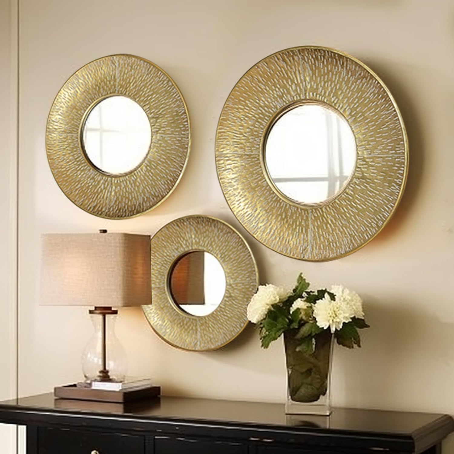 LuxenHome 3 Piece Gold Metal Round Wall Mirror Set Boho Wall Hanging Mounted Mirror,Rattan Mirror Suitable for Farmhouse, Living Room, Bedroom and Bathroom