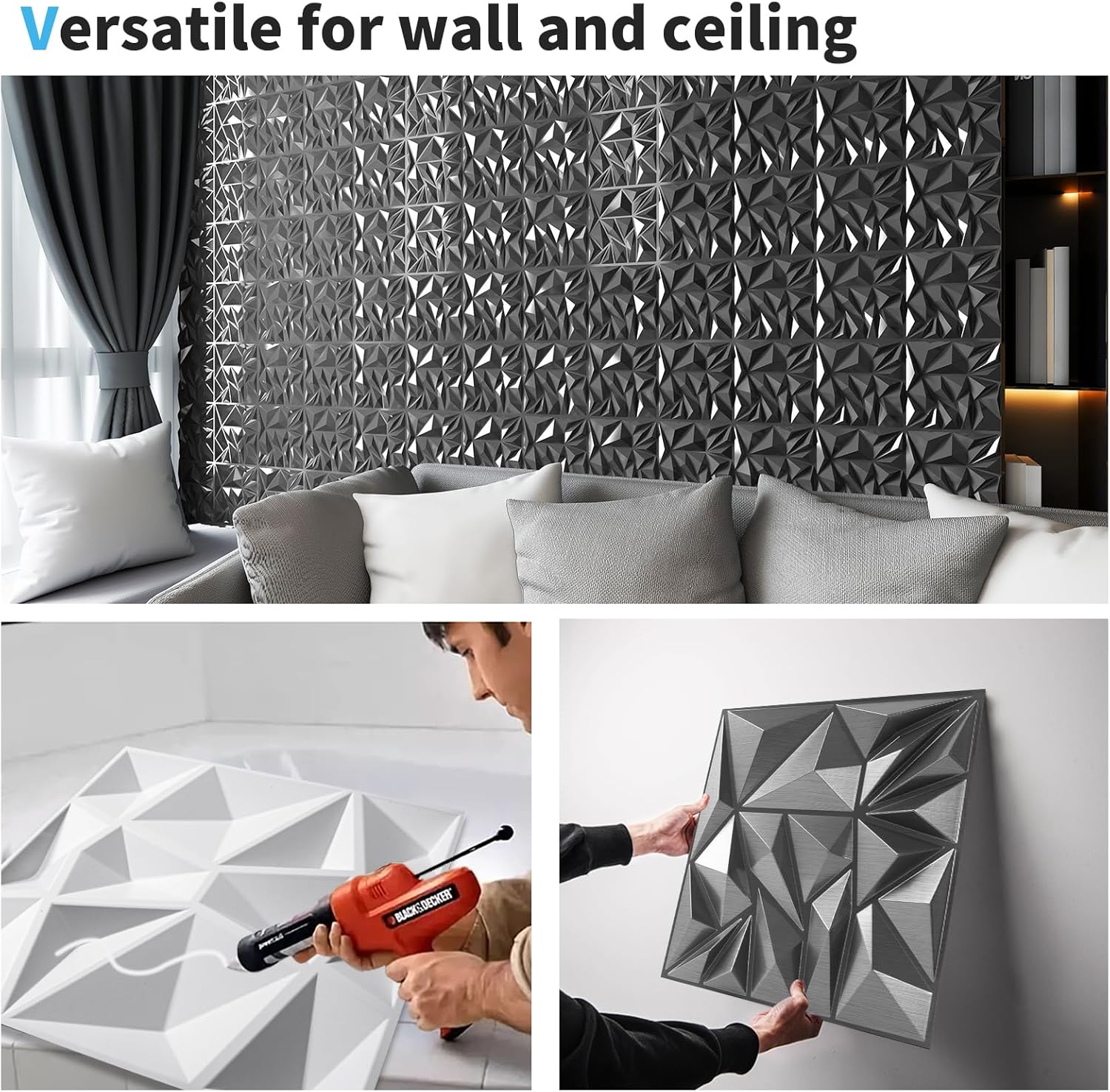 Art3d 33-Pack 3D Wall Panels - Diamond Textured Feature Paneling for Gaming, Living Room, TV Wall - 12 x 12 inch Silver