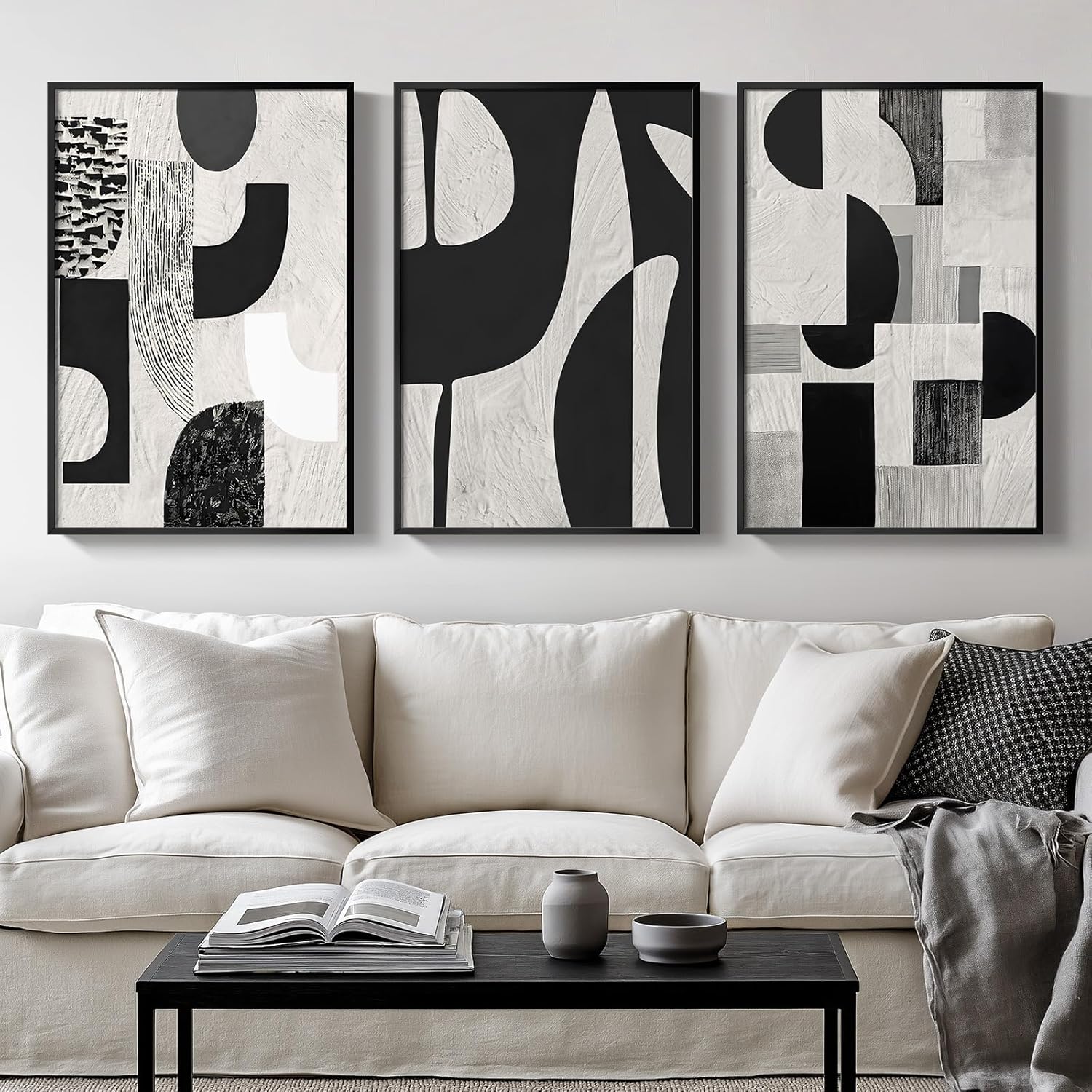Large Framed Black and White Neutral Abstract Wall Art for Living Room, 3 Piece Boho Canvas Prints Paintings Artwork for Walls, Minimalist Geometric Pictures for Hallway Office Wall Decor 24x36 In
