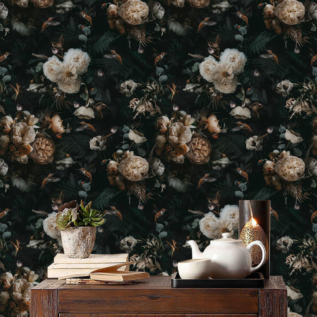 Floralplus Peel and Stick Wallpaper Removable Dark Floral Wallpaper 17.5 x 393 in Renter Friendly Wallpapers for Bedroom Accent Wall Black Floral Contact Paper Flower Wall Mural