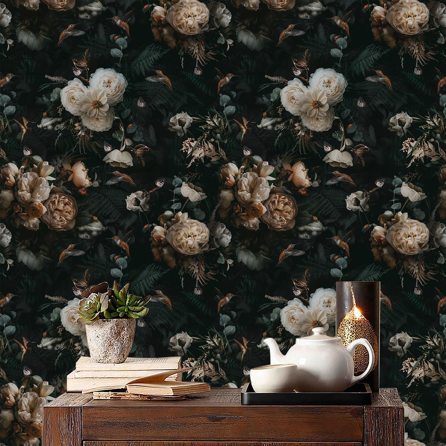 Floralplus Peel and Stick Wallpaper Removable Dark Floral Wallpaper 17.5 x 393 in Renter Friendly Wallpapers for Bedroom Accent Wall Black Floral Contact Paper Flower Wall Mural