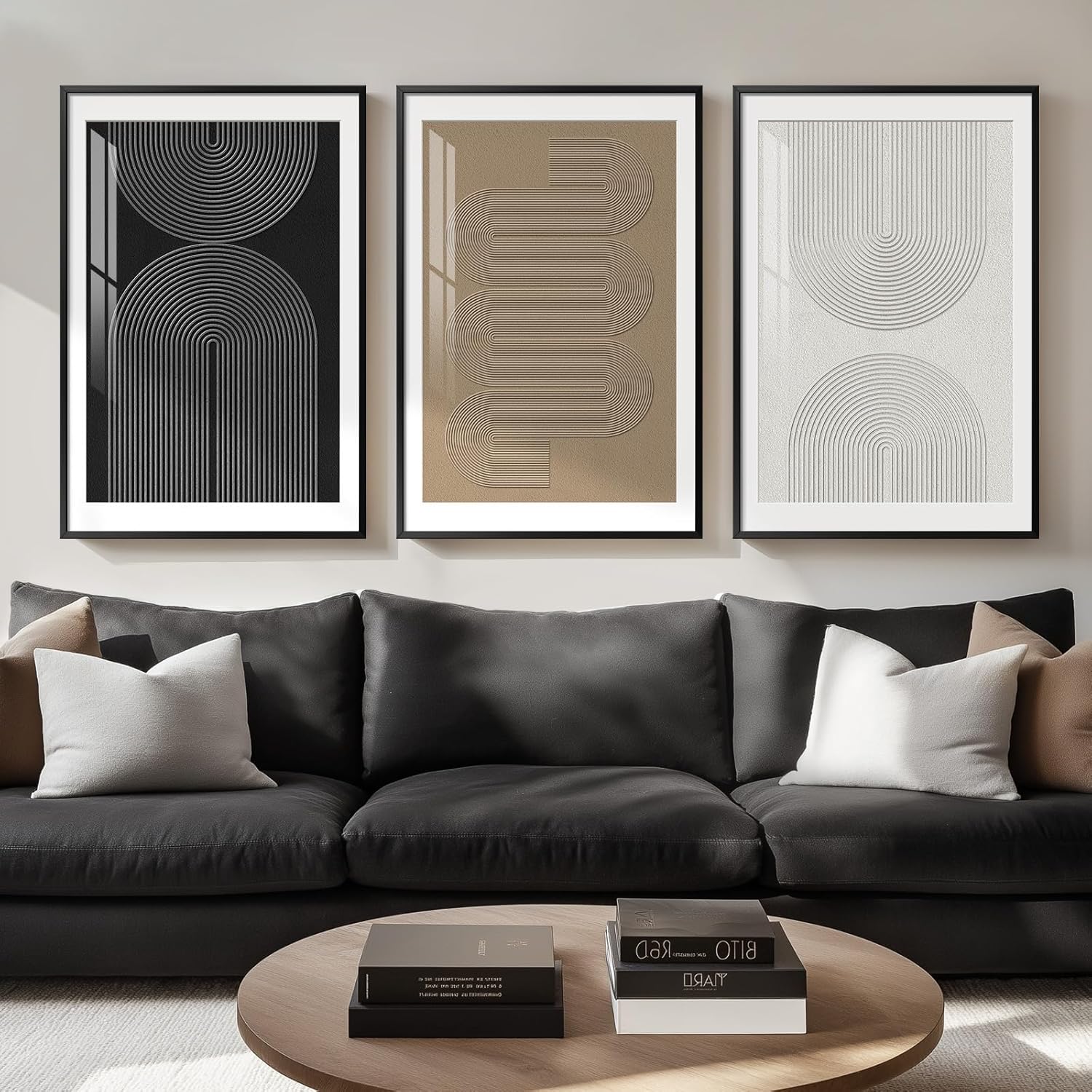 Large Framed Black and White Neutral Abstract Wall Art for Living Room, 3 Piece Boho Canvas Prints Paintings Artwork for Walls, Minimalist Geometric Pictures for Hallway Office Wall Decor 24x36 In