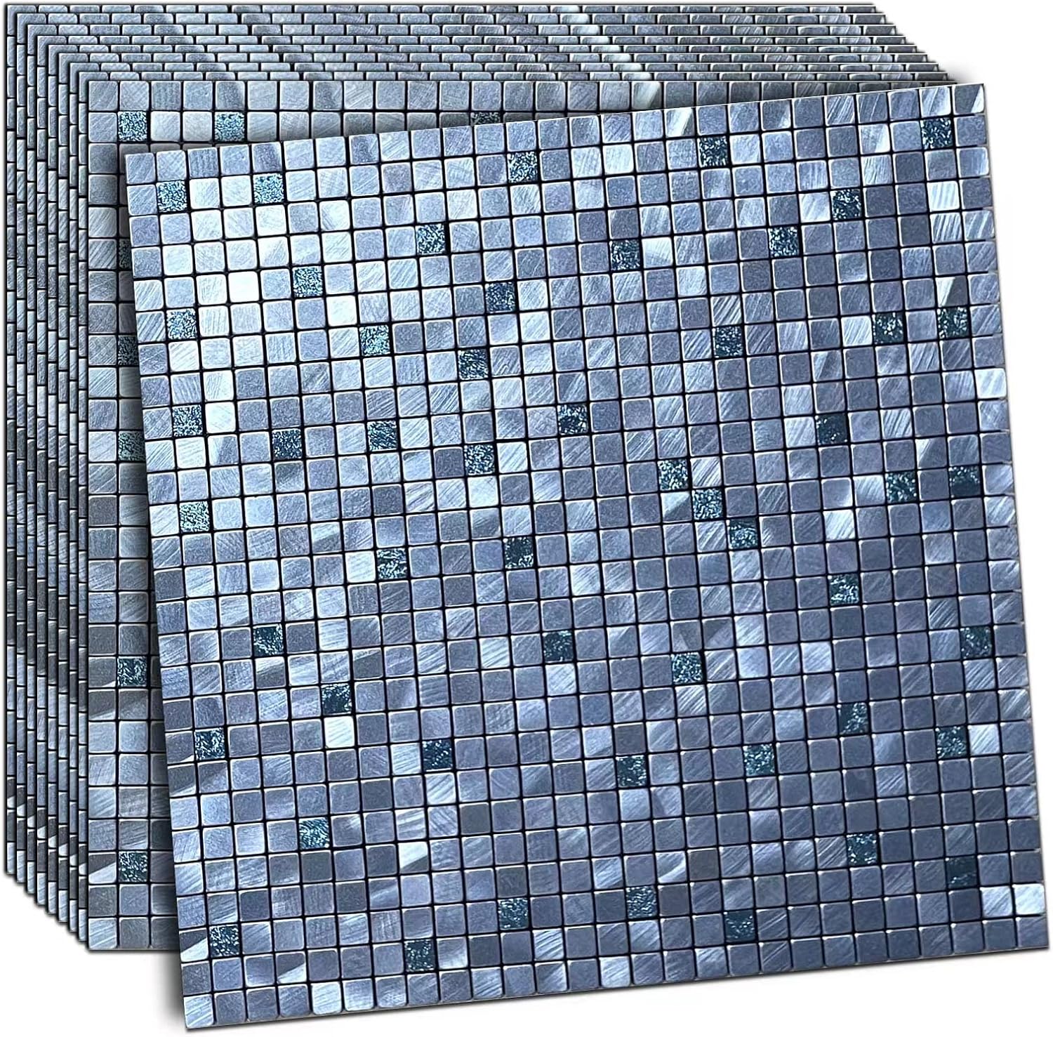 XUANINY 10-Piece Peel and Stick Backsplash for Kitchen Aluminum 3D Wall Sticker Panel Self-Adhesive Metal Mosaic Tile (11.41"x11.41" Green Brushed)