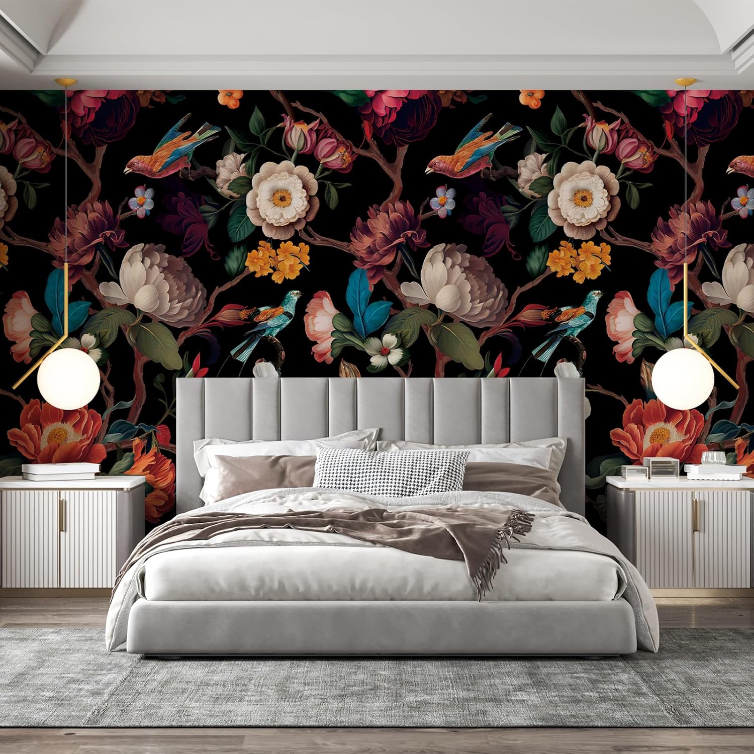 Zeeko Floral Wall Mural Peel and Stick Wallpaper 148" W x 98" H Removable Large Mural Vintage Wall Paper Self-Adhesive Wall Mural for Bedroom Livingroom Home Art Decor Dark Blue Mural Wallpaper