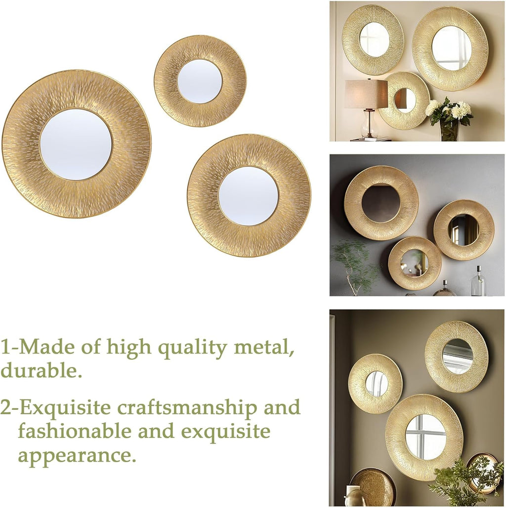 LuxenHome 3 Piece Gold Metal Round Wall Mirror Set Boho Wall Hanging Mounted Mirror,Rattan Mirror Suitable for Farmhouse, Living Room, Bedroom and Bathroom