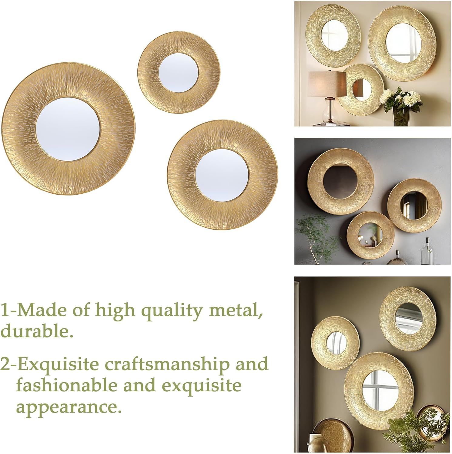 LuxenHome 3 Piece Gold Metal Round Wall Mirror Set Boho Wall Hanging Mounted Mirror,Rattan Mirror Suitable for Farmhouse, Living Room, Bedroom and Bathroom