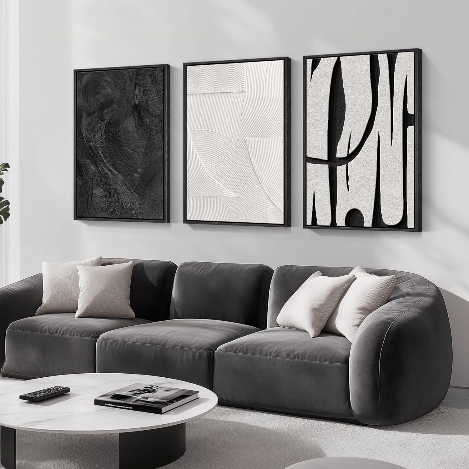 Large Framed Black and White Neutral Abstract Wall Art for Living Room, 3 Piece Boho Canvas Prints Paintings Artwork for Walls, Minimalist Geometric Pictures for Hallway Office Wall Decor 24x36 In