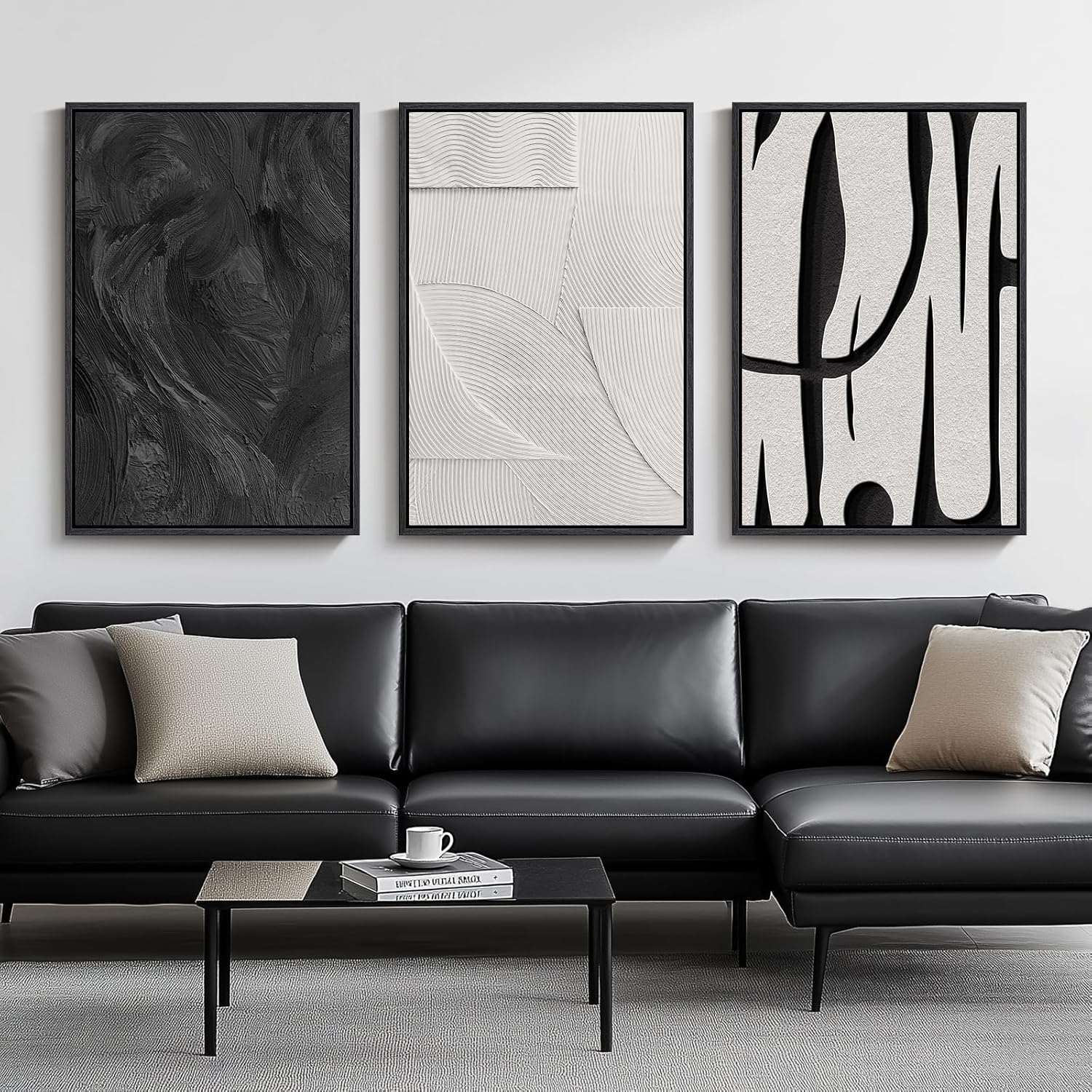 Large Framed Black and White Neutral Abstract Wall Art for Living Room, 3 Piece Boho Canvas Prints Paintings Artwork for Walls, Minimalist Geometric Pictures for Hallway Office Wall Decor 24x36 In