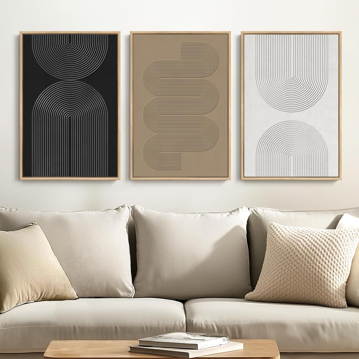 Large Framed Black and White Neutral Abstract Wall Art for Living Room, 3 Piece Boho Canvas Prints Paintings Artwork for Walls, Minimalist Geometric Pictures for Hallway Office Wall Decor 24x36 In