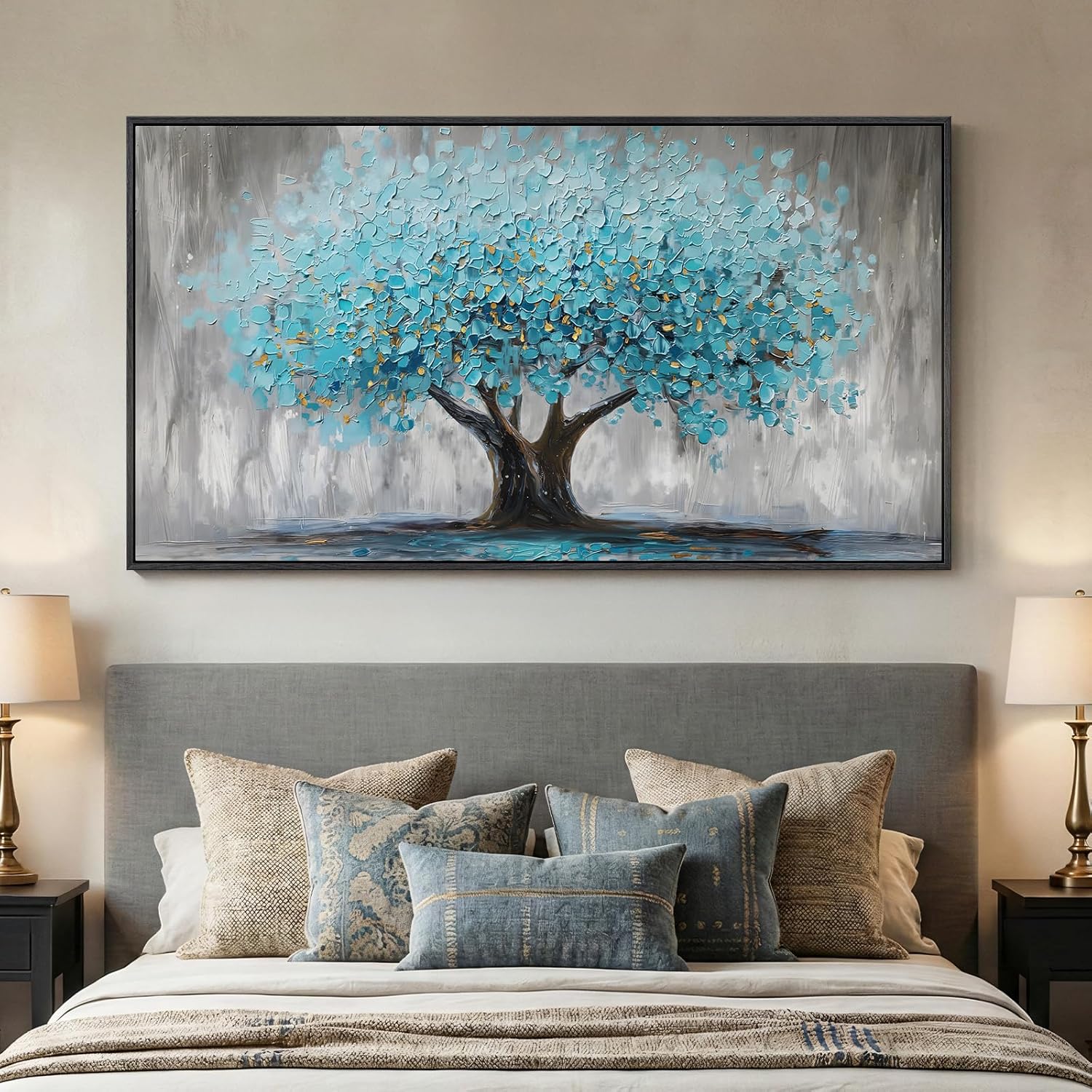 Framed Vintage Landscape Canvas Wall Art for Living Room, Extra Large Horizontal Rustic Tree Botanical Picture Prints Paintings, Neutral Wabi Sabi Artwork Decor for Bedroom Entryway 57x28.5 Inch