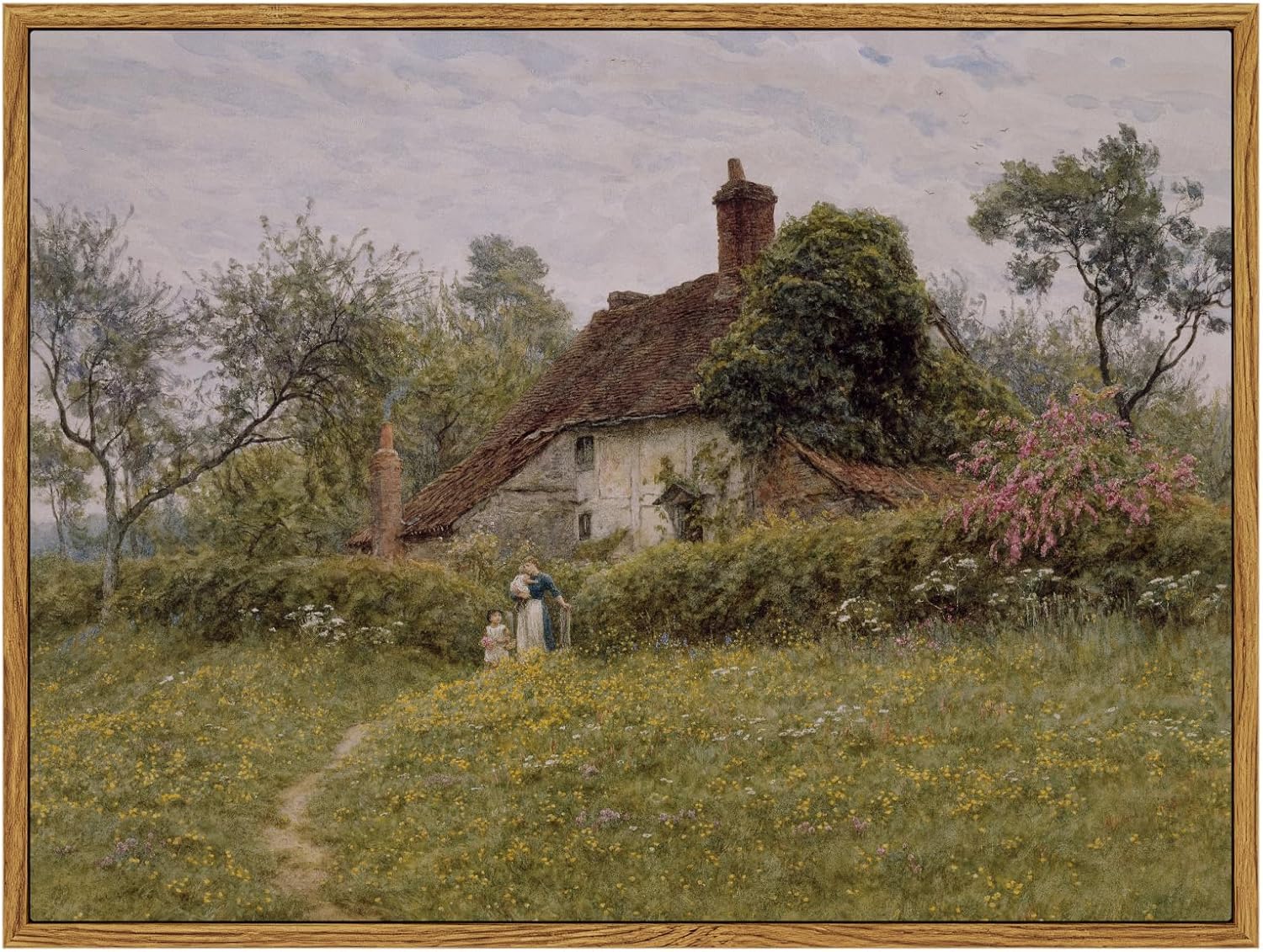 InSimSea Framed Canvas Wall Art Vintage Decor, Landscape Wall Art, Meadow with Flowers Art, Modern Farmhouse Decor, Cottagecore Bedroom Bathroom Office Decorations, 24"x36"