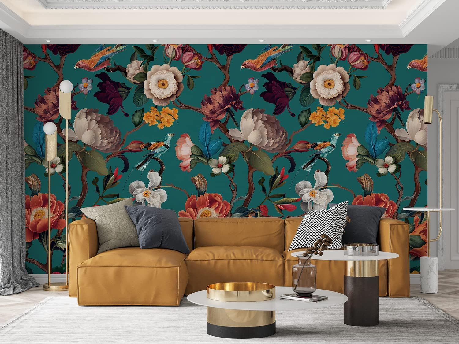 Zeeko Floral Wall Mural Peel and Stick Wallpaper 148" W x 98" H Removable Large Mural Vintage Wall Paper Self-Adhesive Wall Mural for Bedroom Livingroom Home Art Decor Dark Blue Mural Wallpaper