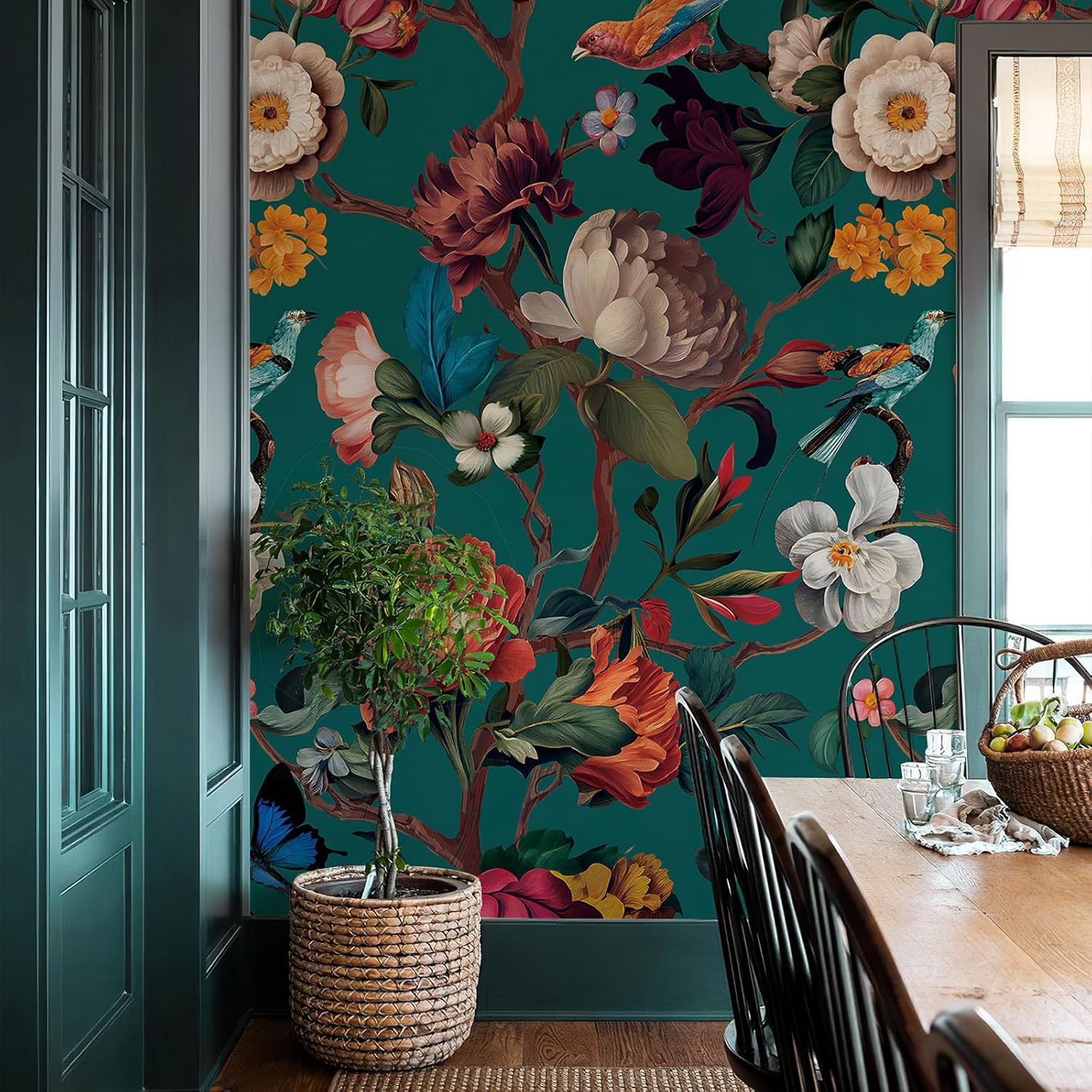 Zeeko Floral Wall Mural Peel and Stick Wallpaper 148" W x 98" H Removable Large Mural Vintage Wall Paper Self-Adhesive Wall Mural for Bedroom Livingroom Home Art Decor Dark Blue Mural Wallpaper