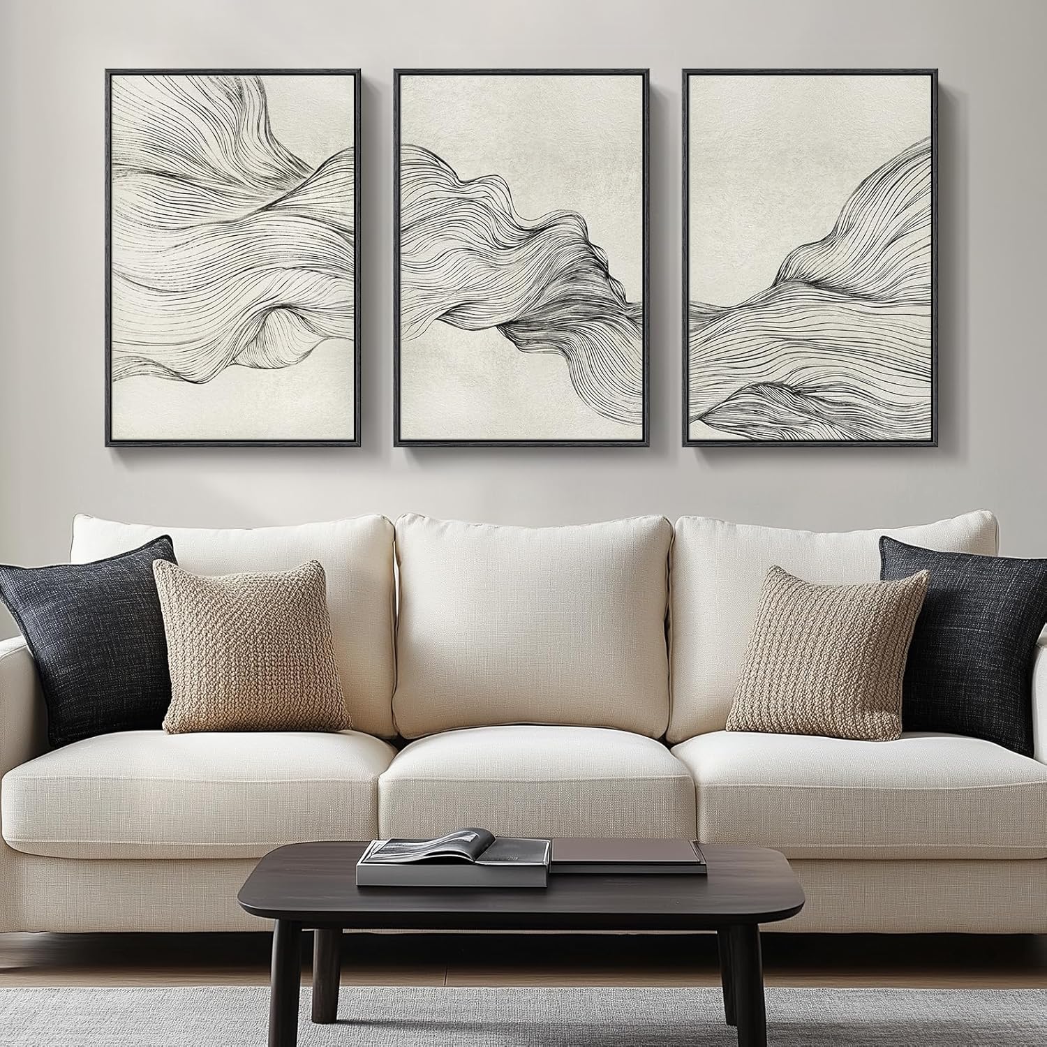 Large Framed Black and White Neutral Abstract Wall Art for Living Room, 3 Piece Boho Canvas Prints Paintings Artwork for Walls, Minimalist Geometric Pictures for Hallway Office Wall Decor 24x36 In