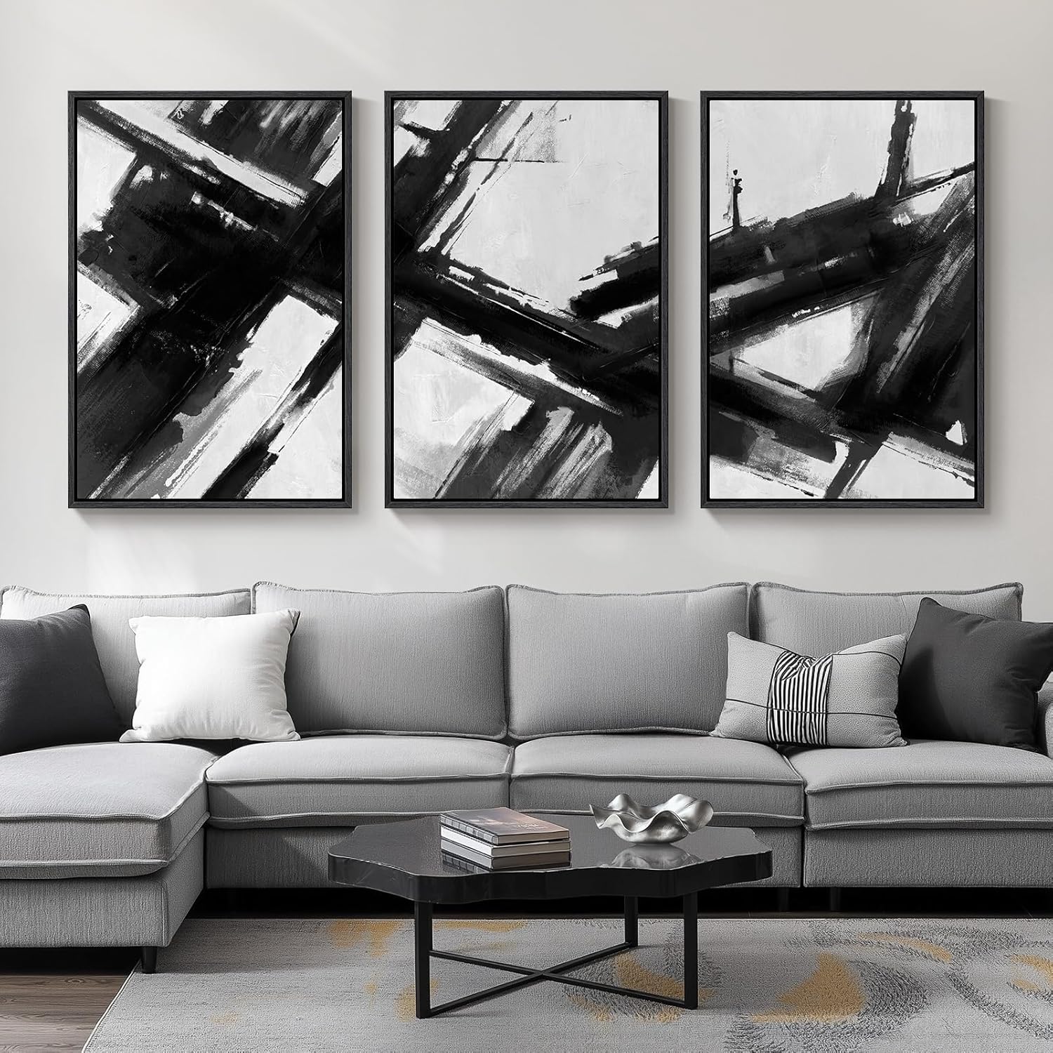 Large Framed Black and White Neutral Abstract Wall Art for Living Room, 3 Piece Boho Canvas Prints Paintings Artwork for Walls, Minimalist Geometric Pictures for Hallway Office Wall Decor 24x36 In