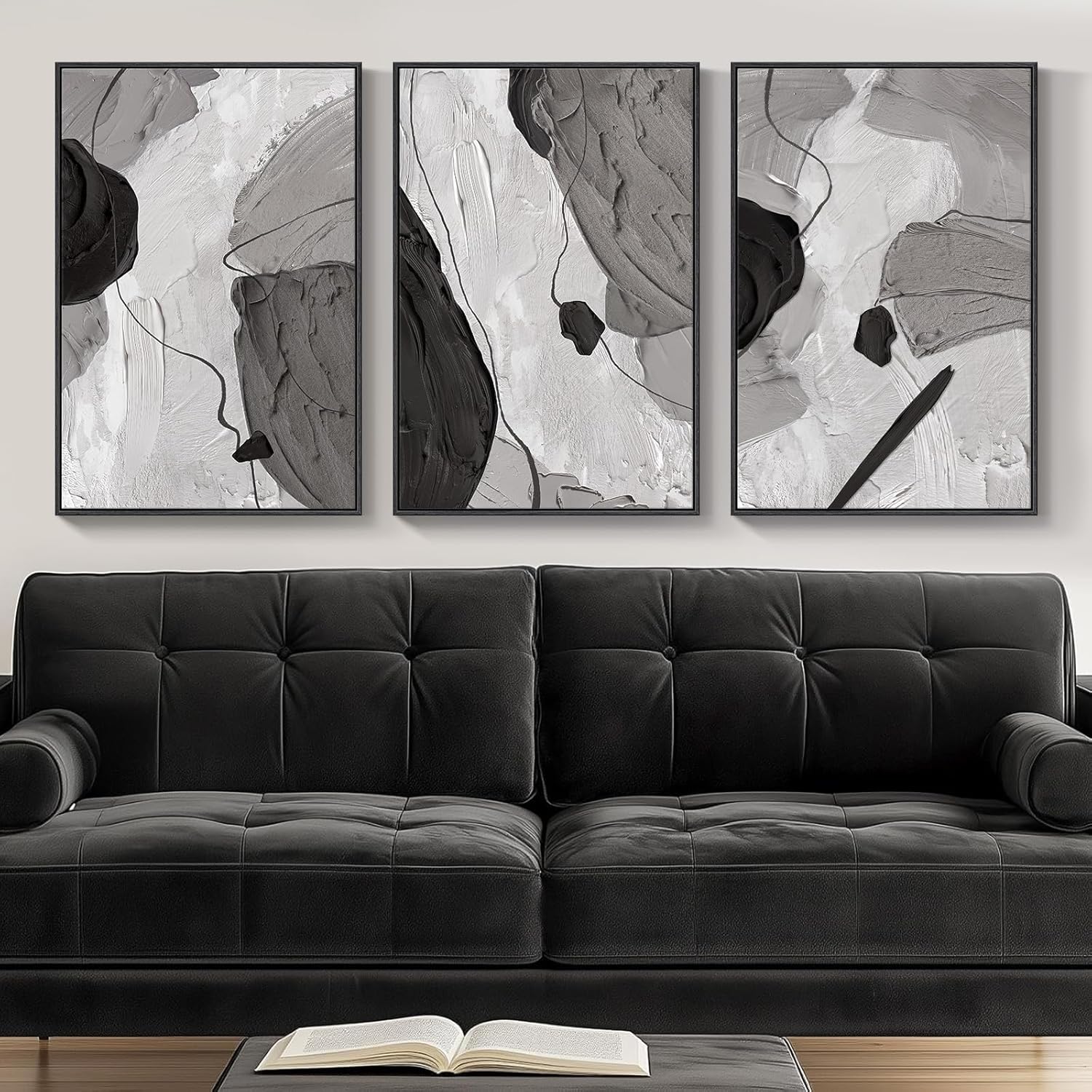 Large Framed Black and White Neutral Abstract Wall Art for Living Room, 3 Piece Boho Canvas Prints Paintings Artwork for Walls, Minimalist Geometric Pictures for Hallway Office Wall Decor 24x36 In