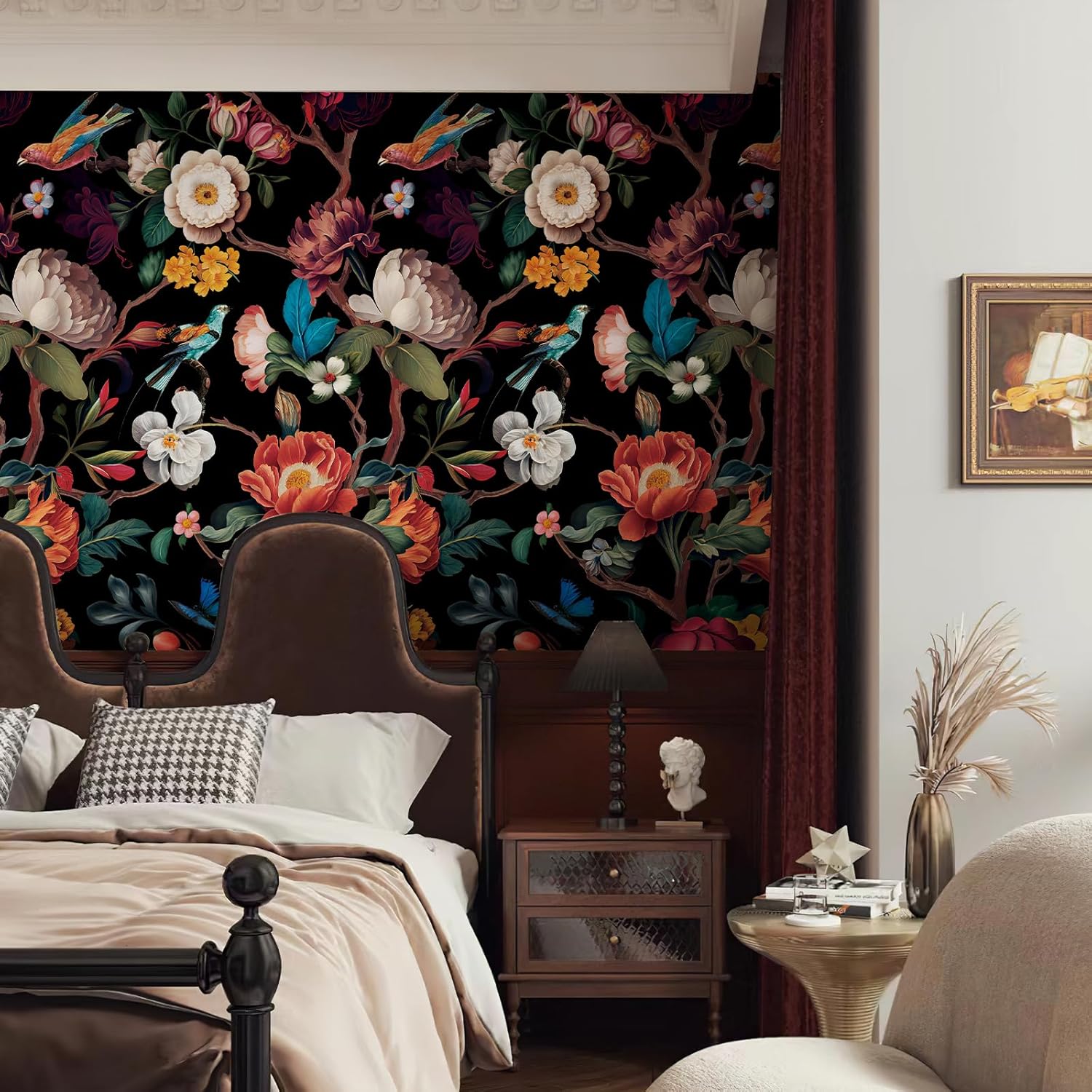 Zeeko Floral Wall Mural Peel and Stick Wallpaper 148" W x 98" H Removable Large Mural Vintage Wall Paper Self-Adhesive Wall Mural for Bedroom Livingroom Home Art Decor Dark Blue Mural Wallpaper