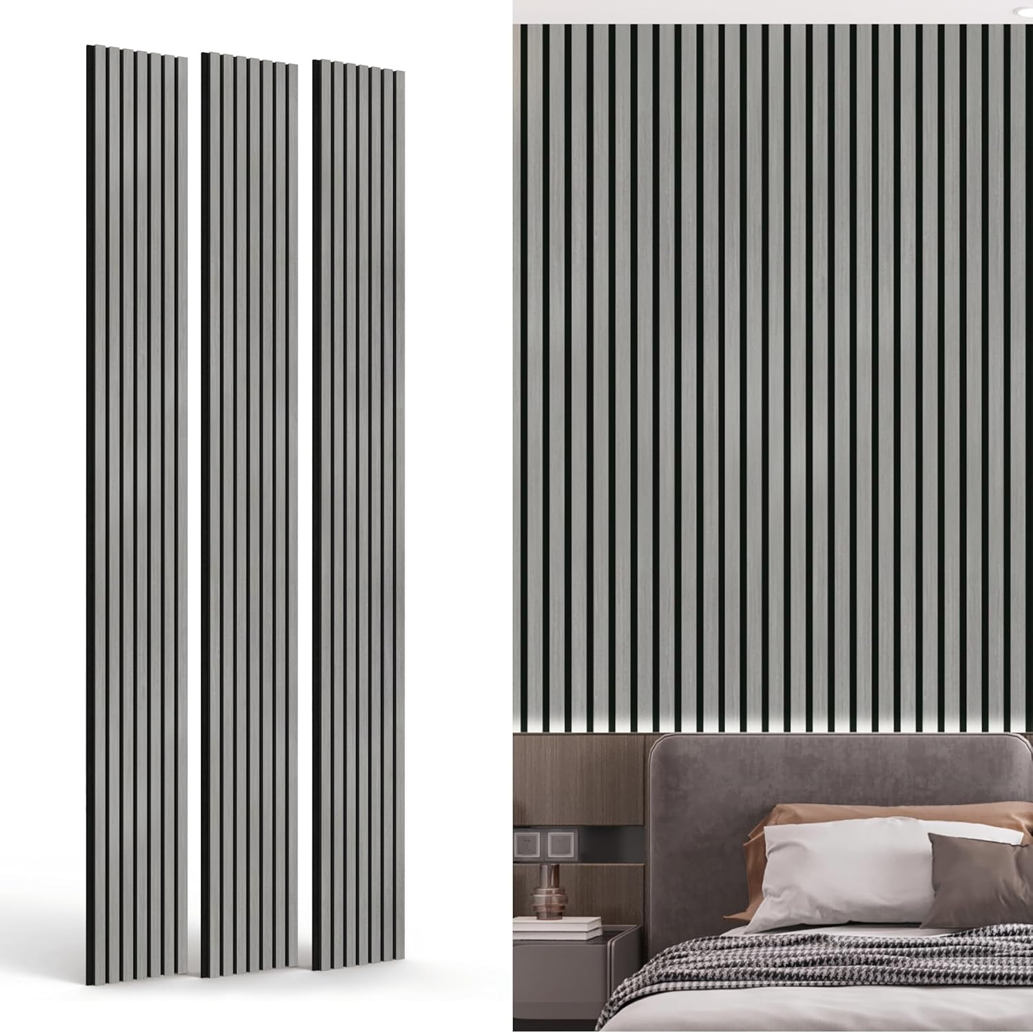 3-Pack Wood Slat Wall Panel for Interior Wall Decor Noise Cancelling 94.5" x 11.4" Acoustic Decorative 3D Sound Absorbing Wall Paneling, Gray Oak, Covers 22.4 Sq. Ft