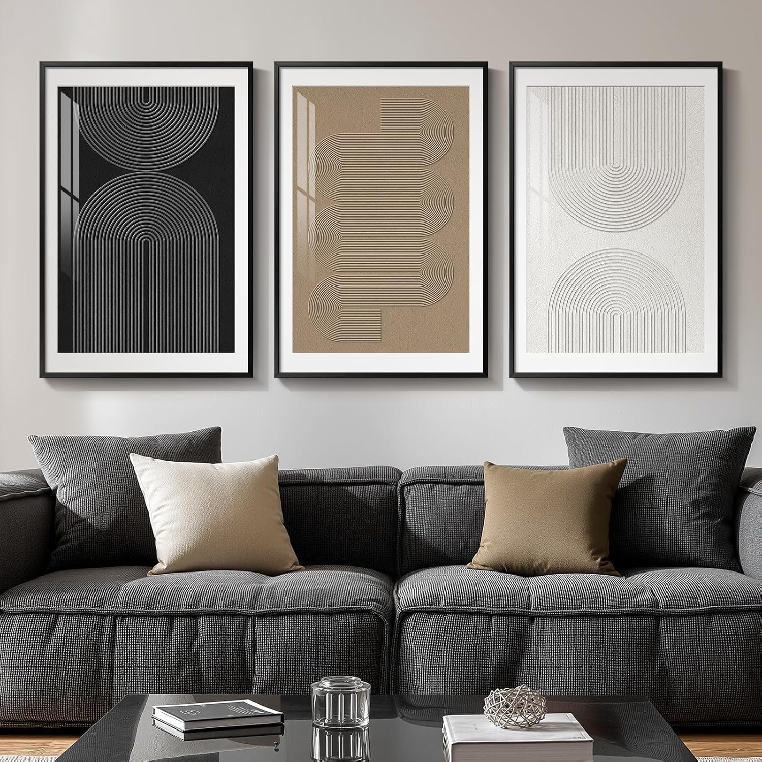 Large Framed Black and White Neutral Abstract Wall Art for Living Room, 3 Piece Boho Canvas Prints Paintings Artwork for Walls, Minimalist Geometric Pictures for Hallway Office Wall Decor 24x36 In