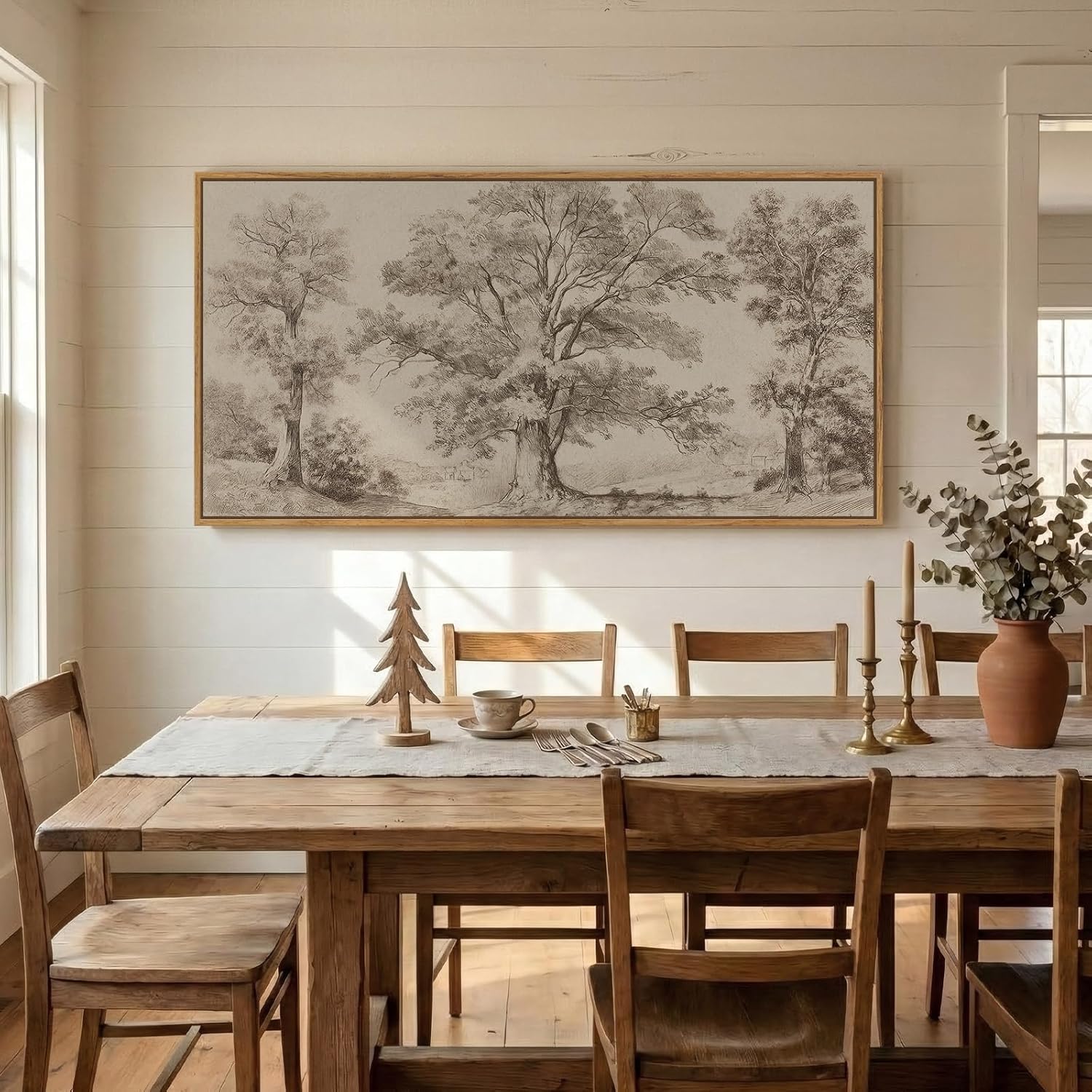 Framed Vintage Landscape Canvas Wall Art for Living Room, Extra Large Horizontal Rustic Tree Botanical Picture Prints Paintings, Neutral Wabi Sabi Artwork Decor for Bedroom Entryway 57x28.5 Inch