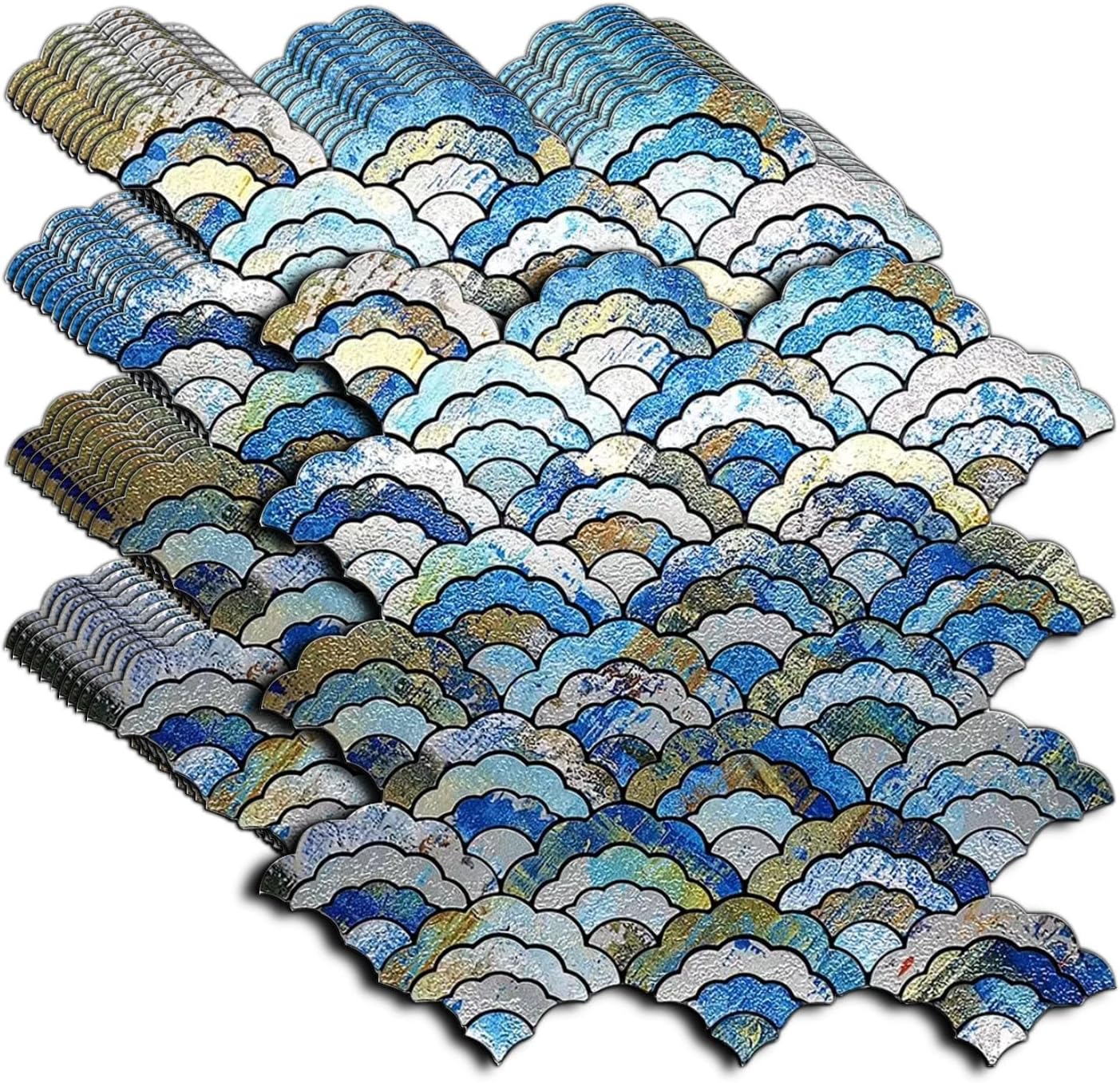 XUANINY 11-Sheet Peel and Stick Metal Backsplash Tiles, Self Adhesive Cloud-Shaped Aluminum Mosaic 3D Wall Sticker for Kitchen Bathroom Living Room Decor (Printing Multicolor, 11)