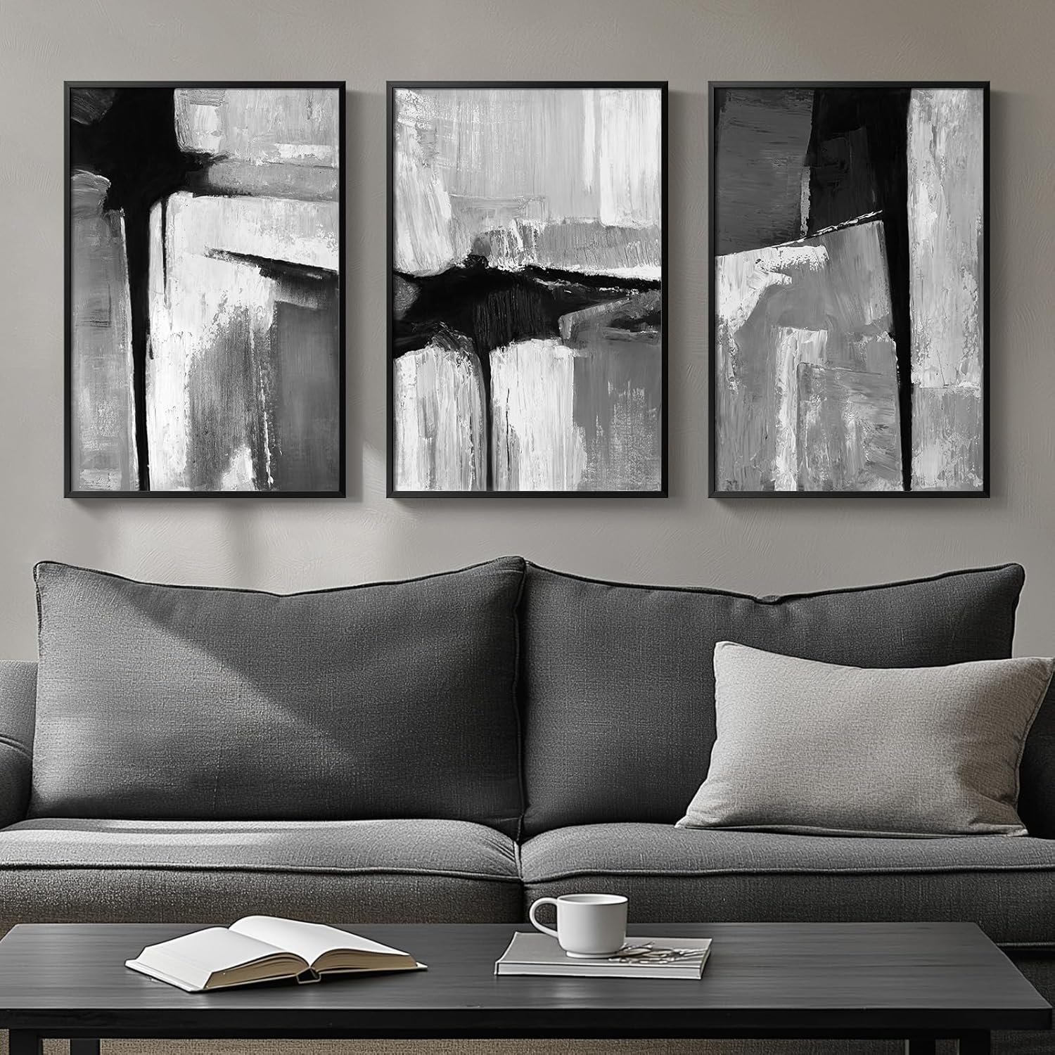 Large Framed Black and White Neutral Abstract Wall Art for Living Room, 3 Piece Boho Canvas Prints Paintings Artwork for Walls, Minimalist Geometric Pictures for Hallway Office Wall Decor 24x36 In