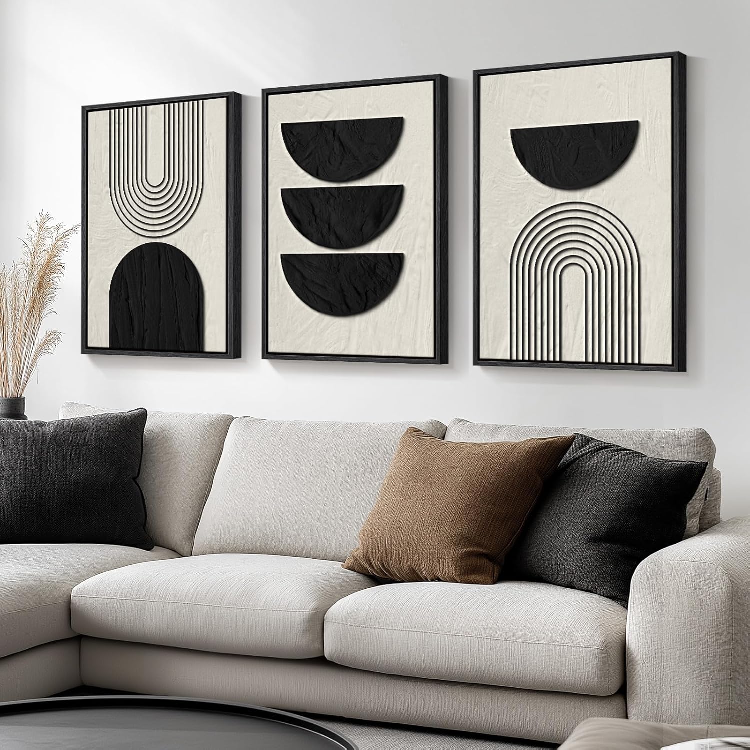 Large Framed Black and White Neutral Abstract Wall Art for Living Room, 3 Piece Boho Canvas Prints Paintings Artwork for Walls, Minimalist Geometric Pictures for Hallway Office Wall Decor 24x36 In