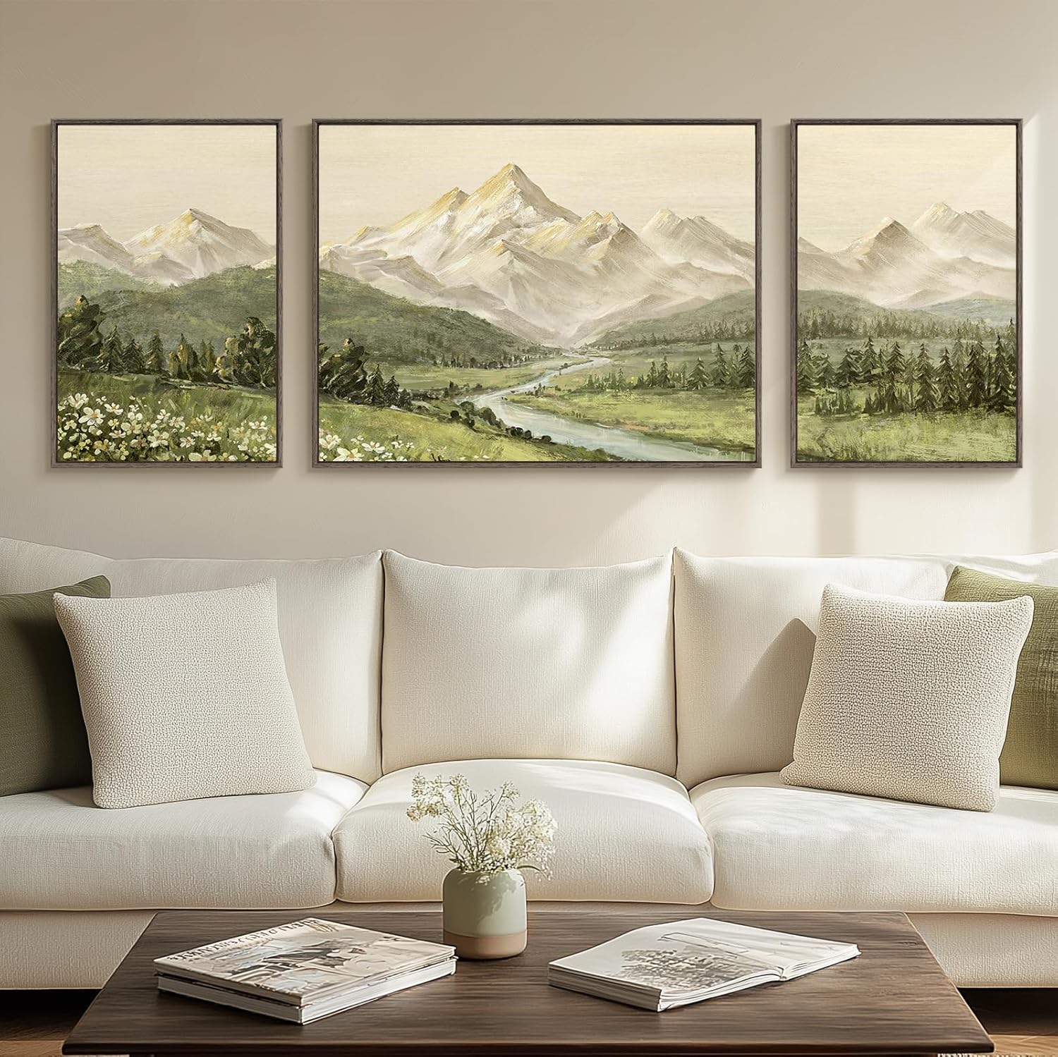 Framed Brown Mountain Wall Art for Living Room, Set of 3 Piece Vintage Canvas Picture Prints, Nature Sunrise Retro Landscape Artworks for Dining Room Hallway Home Office Wall Decor, 24x36 Inch