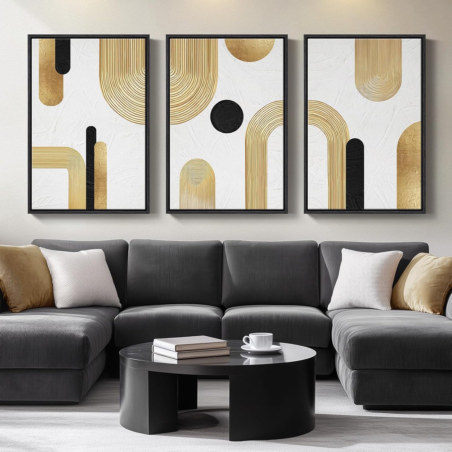 Large Framed Black and White Neutral Abstract Wall Art for Living Room, 3 Piece Boho Canvas Prints Paintings Artwork for Walls, Minimalist Geometric Pictures for Hallway Office Wall Decor 24x36 In
