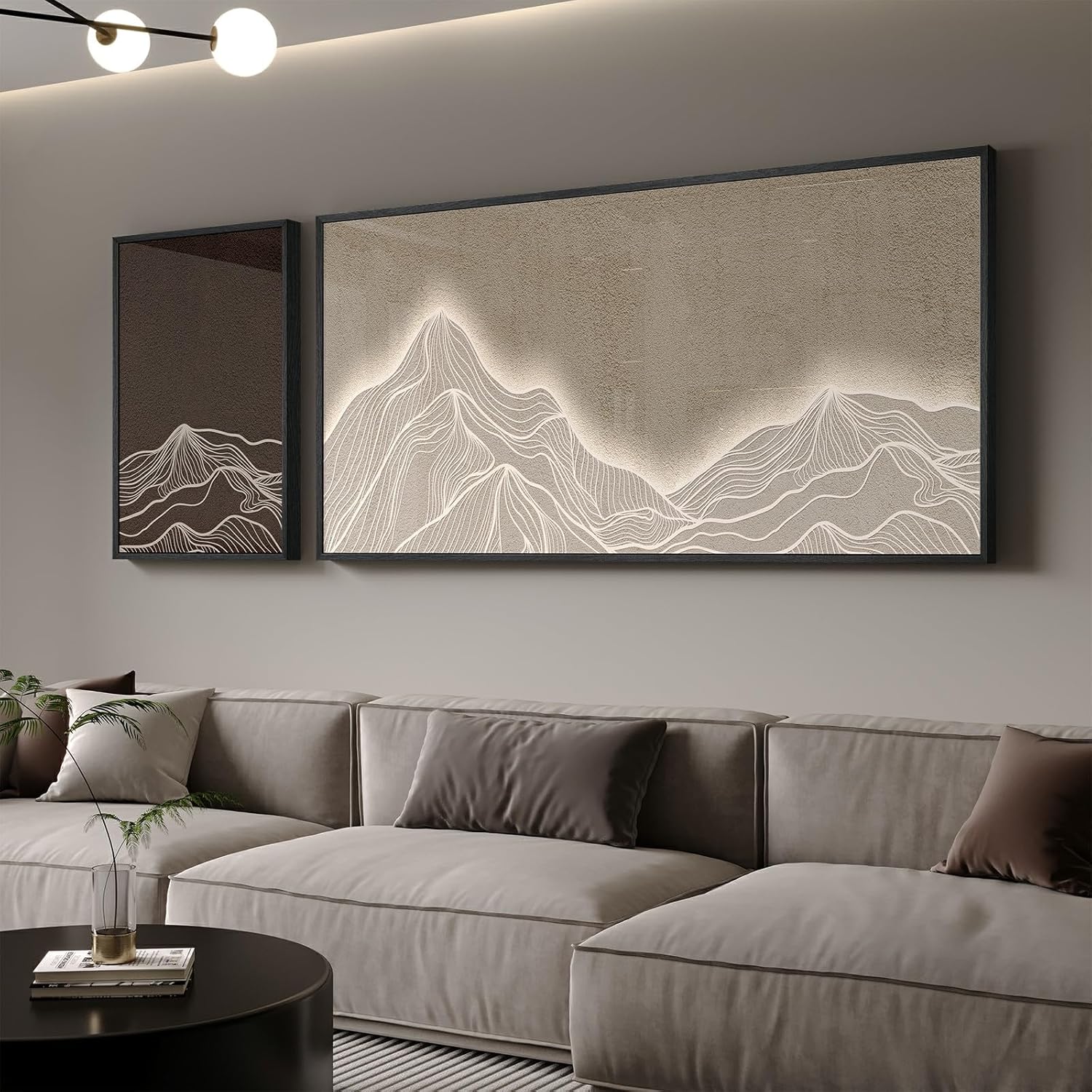 Framed Brown Mountain Wall Art for Living Room, Set of 3 Piece Vintage Canvas Picture Prints, Nature Sunrise Retro Landscape Artworks for Dining Room Hallway Home Office Wall Decor, 24x36 Inch