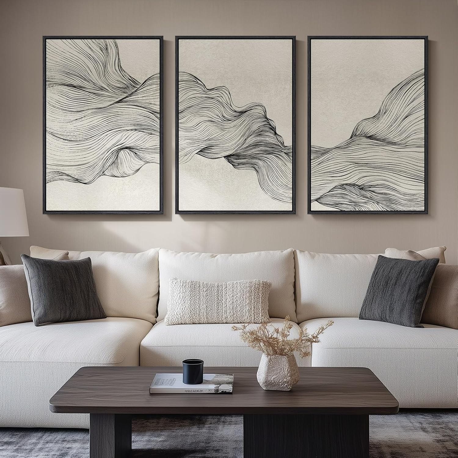 Large Framed Black and White Neutral Abstract Wall Art for Living Room, 3 Piece Boho Canvas Prints Paintings Artwork for Walls, Minimalist Geometric Pictures for Hallway Office Wall Decor 24x36 In