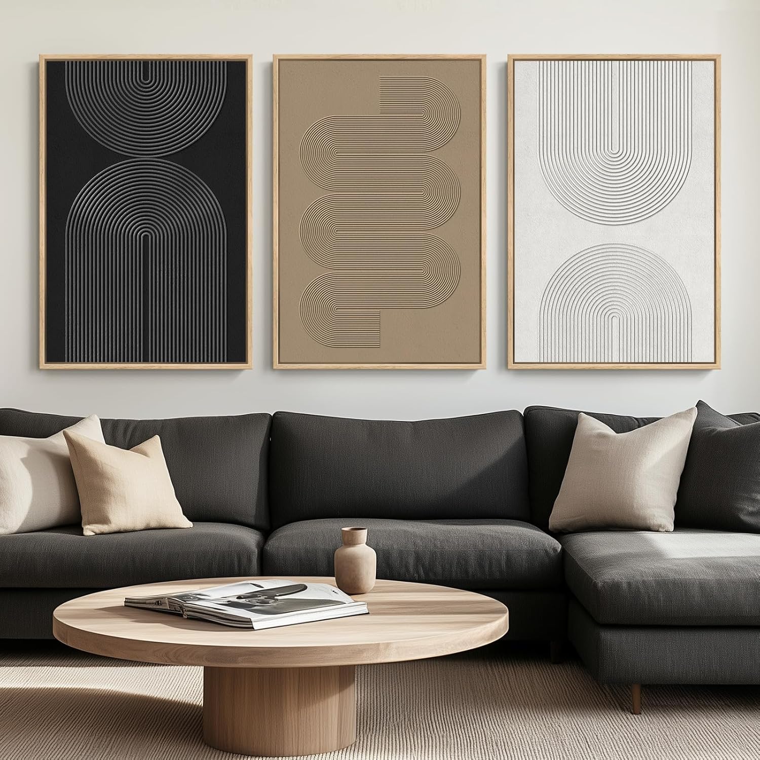 Large Framed Black and White Neutral Abstract Wall Art for Living Room, 3 Piece Boho Canvas Prints Paintings Artwork for Walls, Minimalist Geometric Pictures for Hallway Office Wall Decor 24x36 In